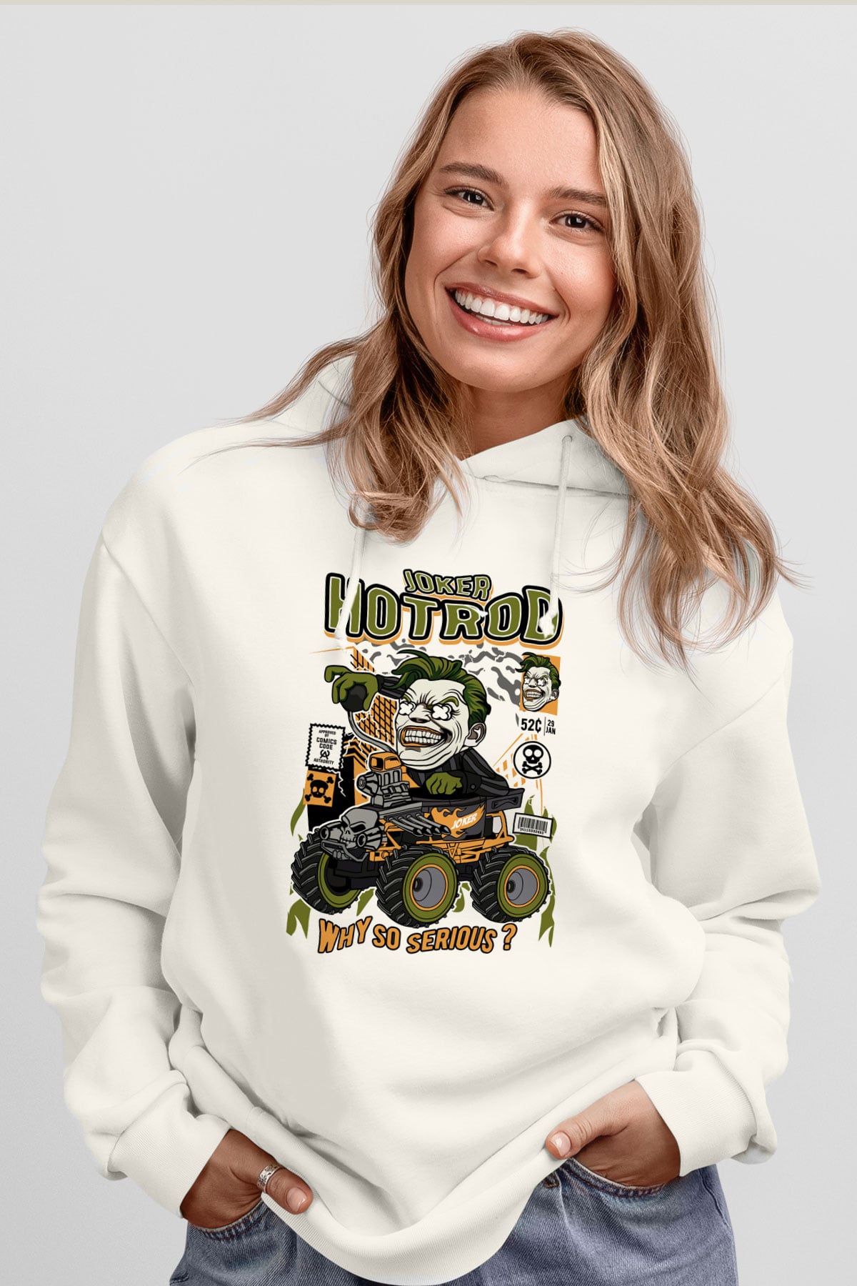 Joker Hotrod Baskılı Unisex Beyaz Hoodie