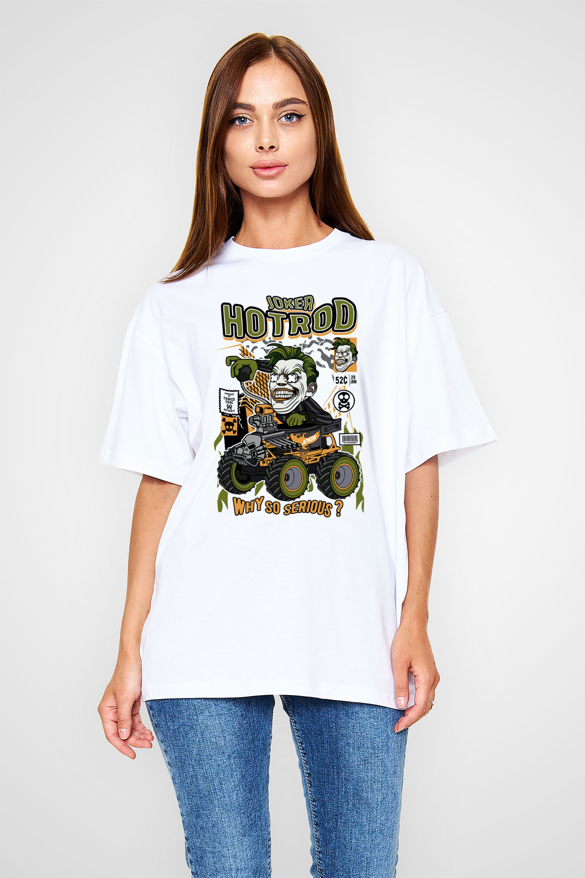 Joker Hotrod Baskılı Unisex Beyaz Oversize Tişört