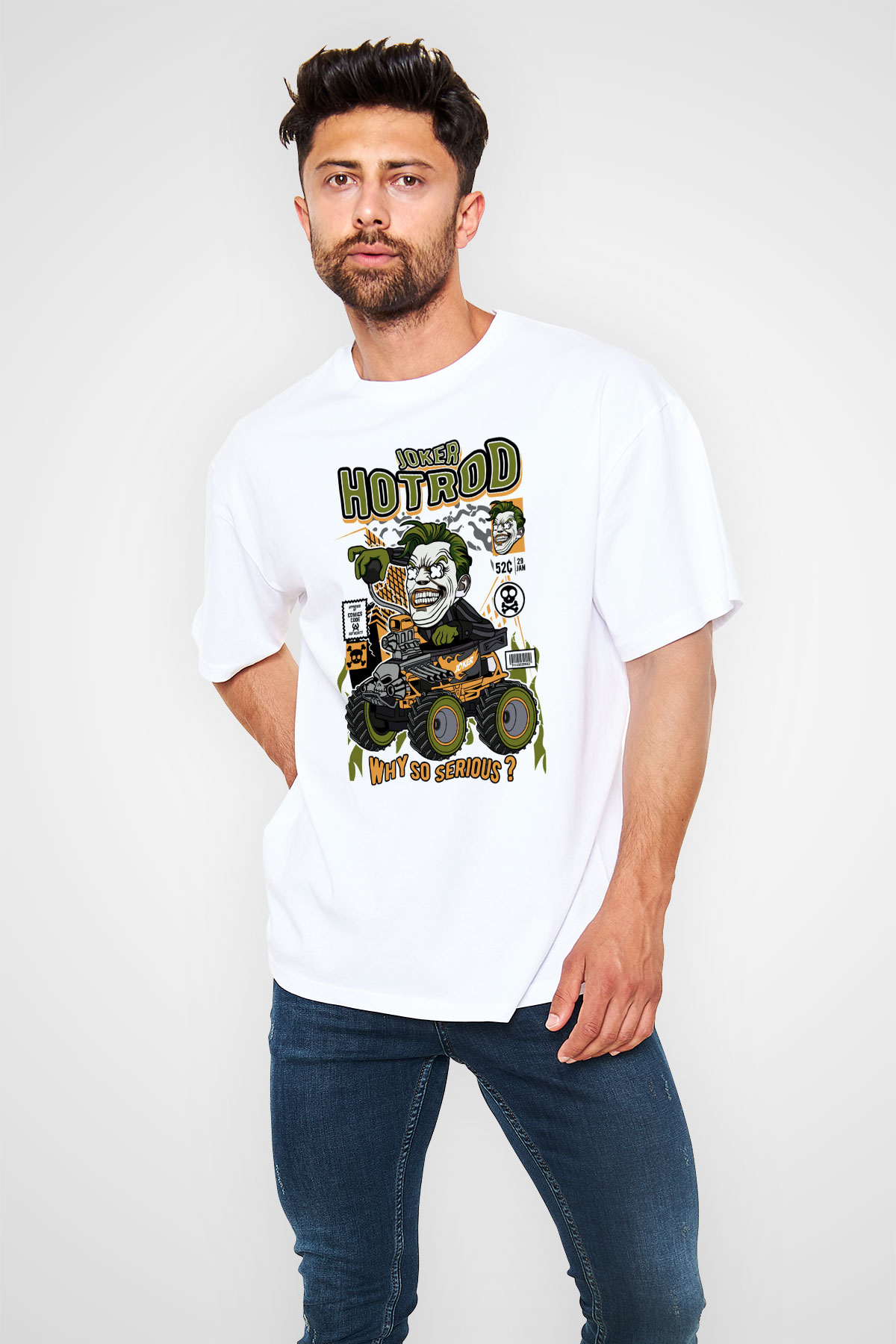 Joker Hotrod Baskılı Unisex Beyaz Oversize Tişört