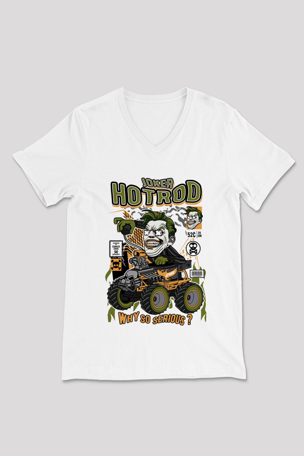 Joker Hotrod Baskılı Unisex Beyaz V Yaka Tişört