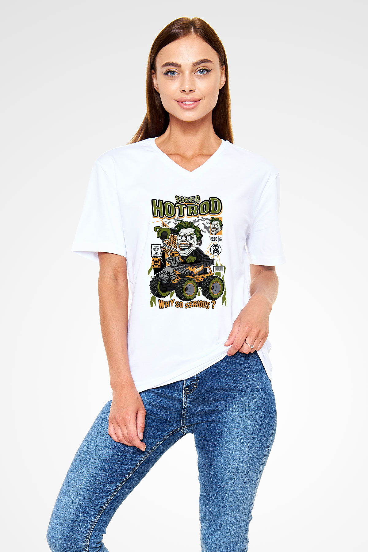 Joker Hotrod Baskılı Unisex Beyaz V Yaka Tişört