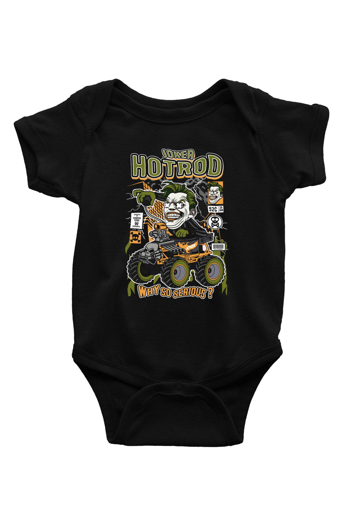 Joker Hotrod Baskılı Unisex Siyah Bebek Body - Zıbın