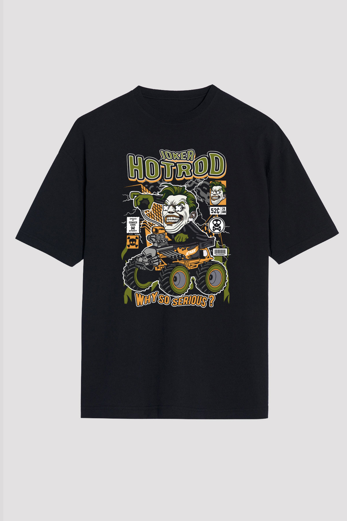 Joker Hotrod Baskılı Unisex Siyah Oversize Tişört