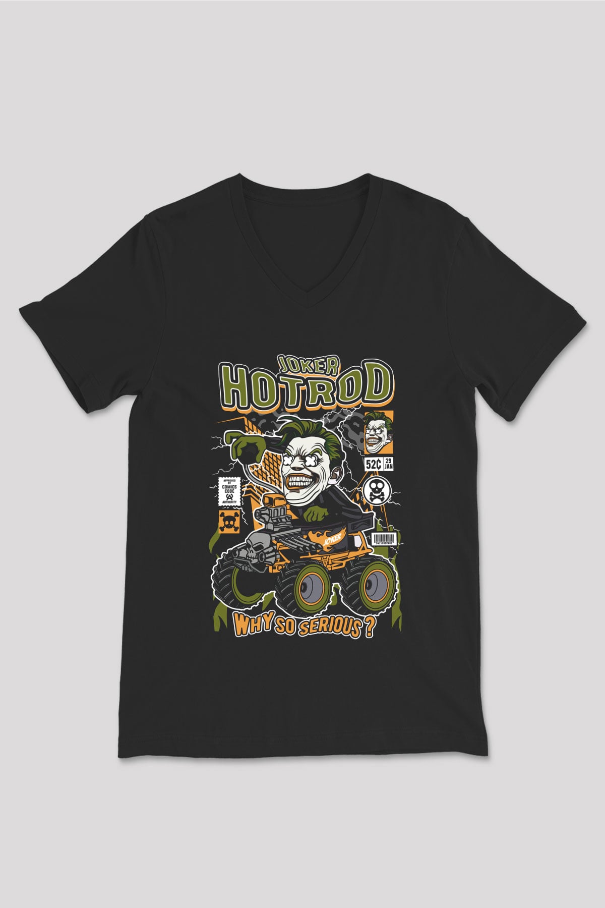 Joker Hotrod Baskılı Unisex Siyah V Yaka Tişört