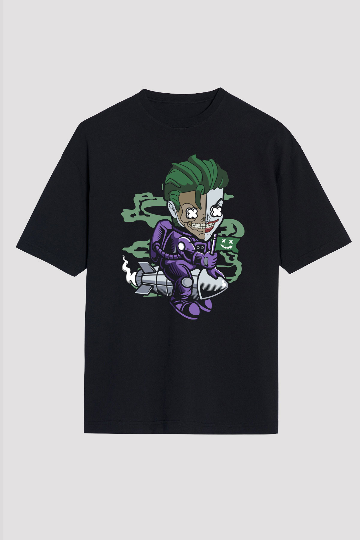 Joker Riding Rocket Baskılı Unisex Siyah Oversize Tişört
