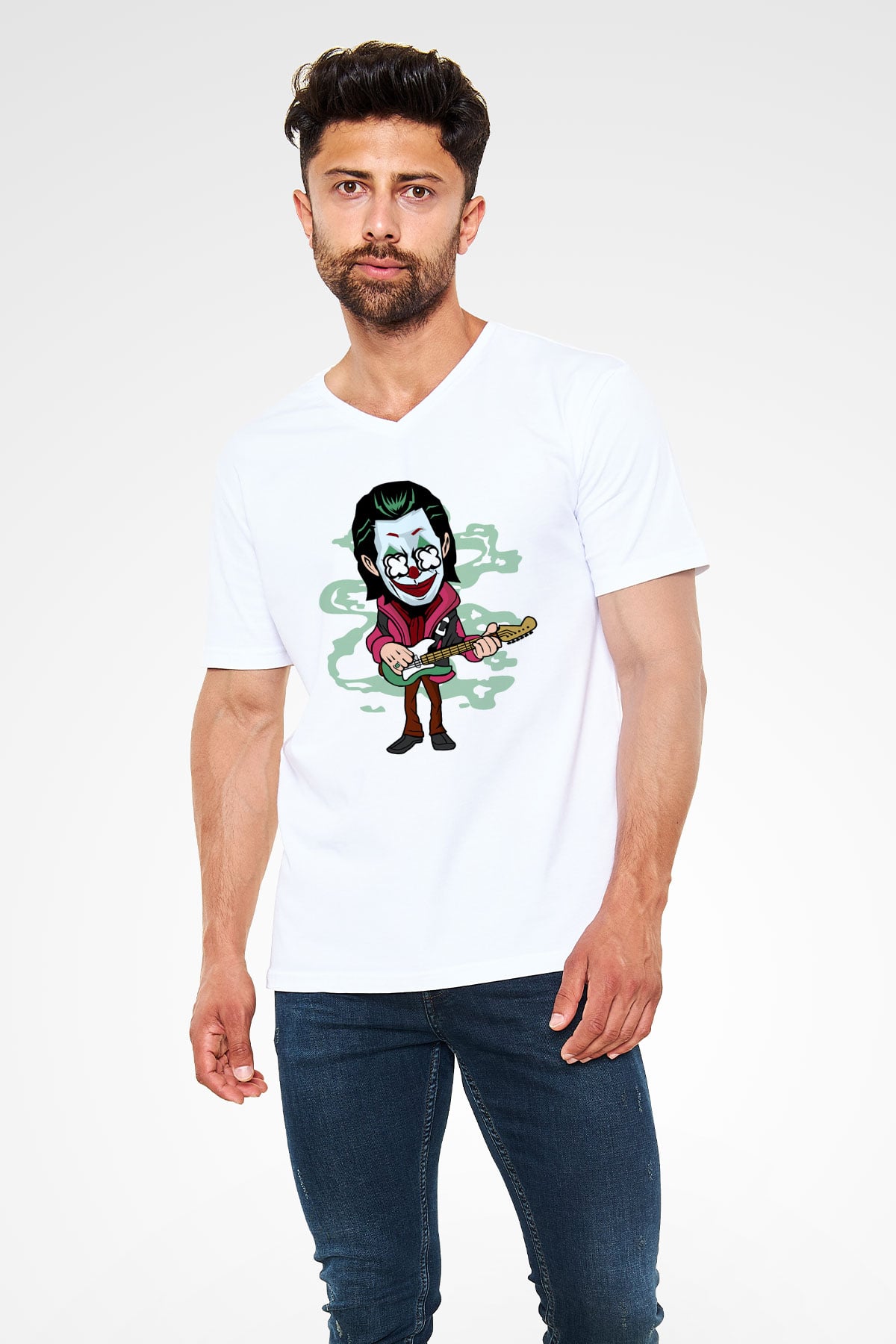 Joker Rockstar Baskılı Unisex Beyaz V Yaka Tişört