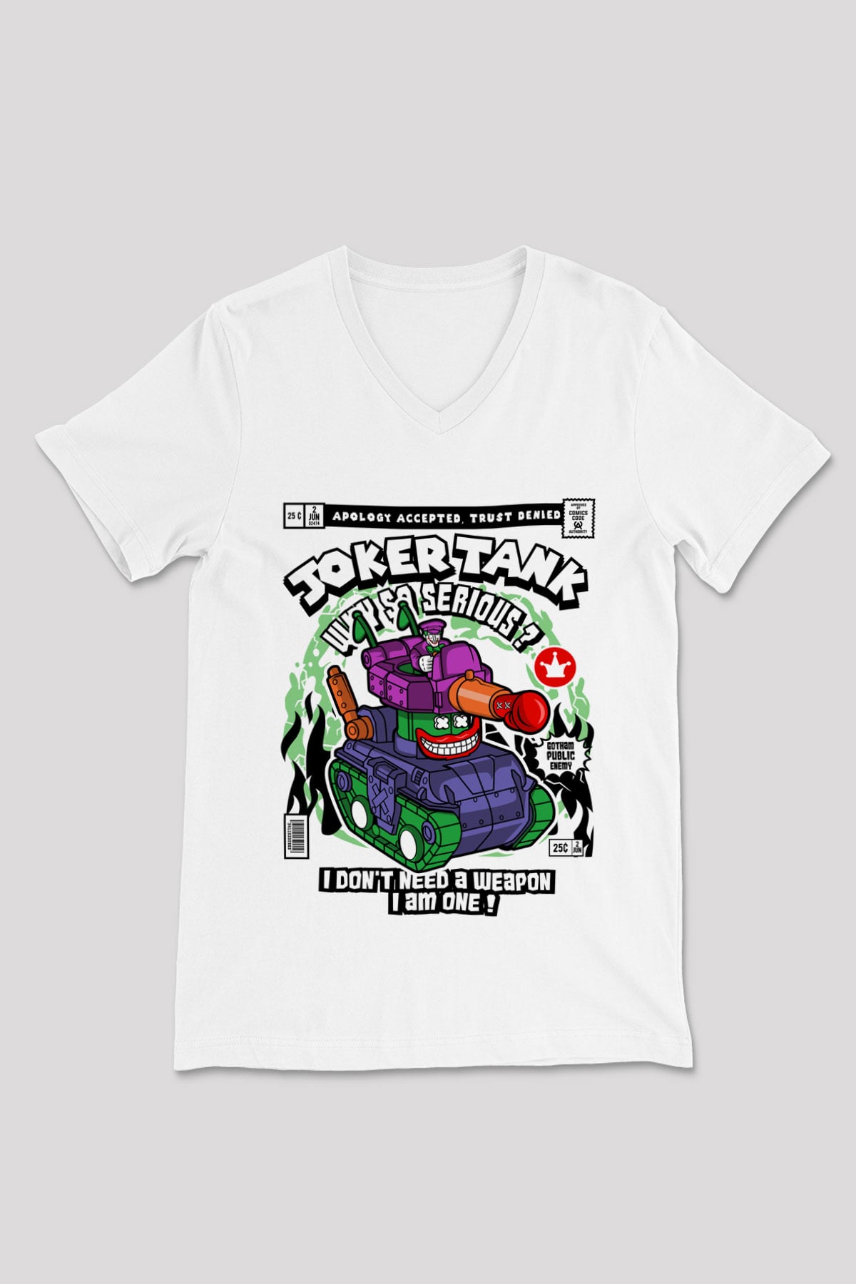 Joker Tank Baskılı Unisex Beyaz V Yaka Tişört
