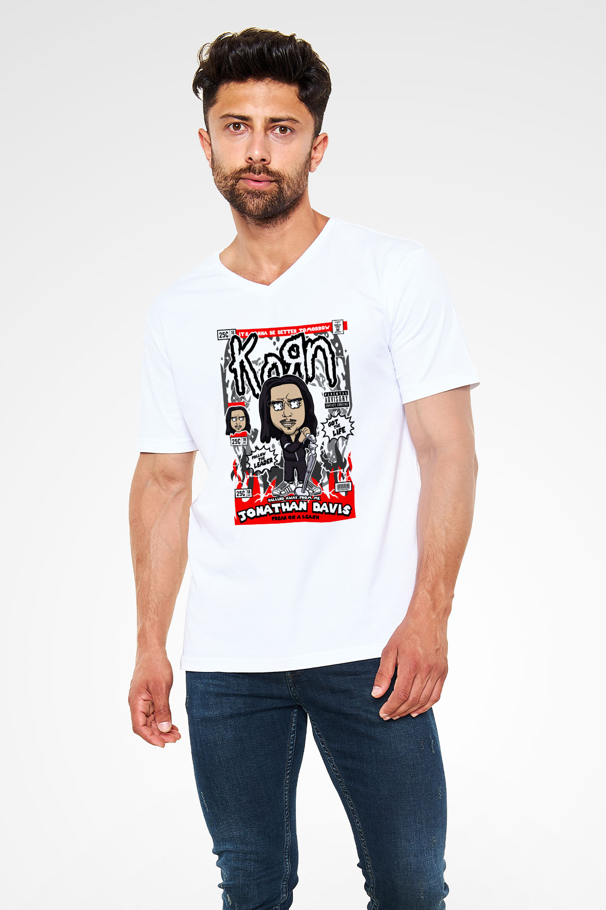 Jonathan Davis KoRn  Baskılı Unisex Beyaz V Yaka Tişört