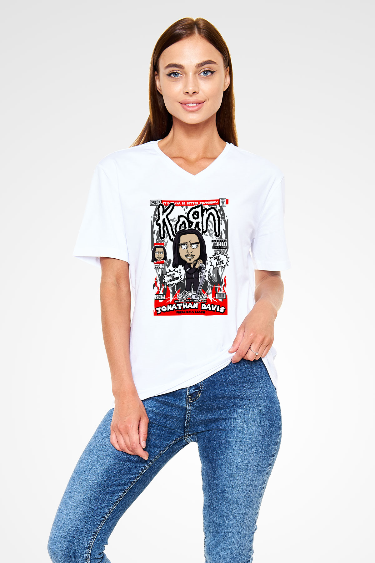 Jonathan Davis KoRn  Baskılı Unisex Beyaz V Yaka Tişört