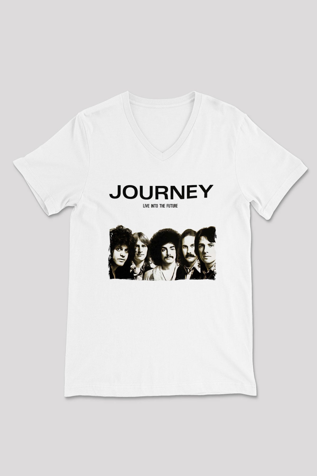 Journey Baskılı Beyaz Unisex V Yaka Tişört - Tshirt