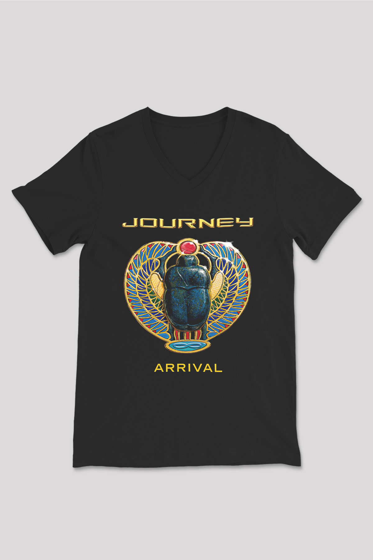 Journey Baskılı Unisex Siyah V Yaka Tişört - Tshirt