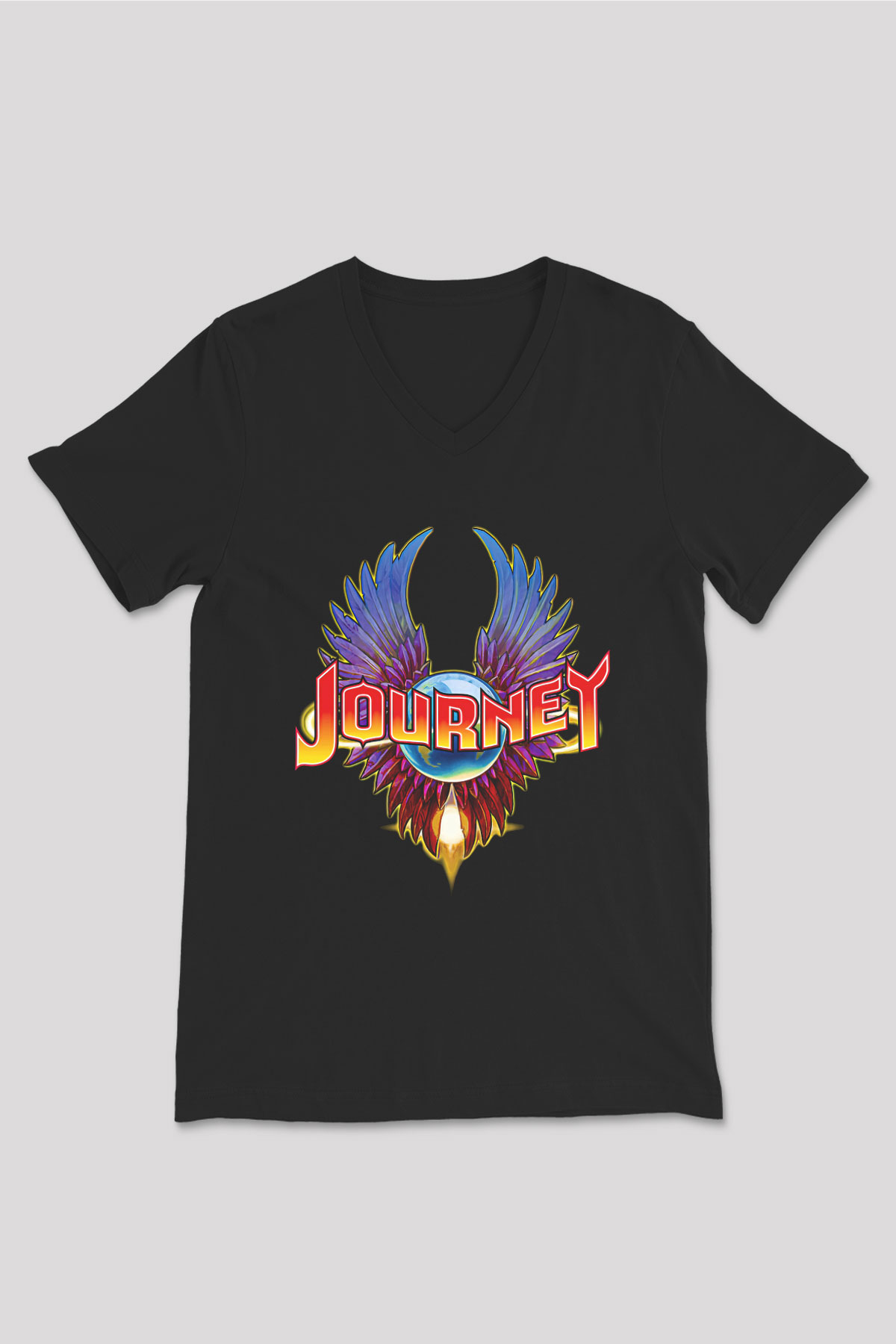 Journey Baskılı Unisex Siyah V Yaka Tişört - Tshirt