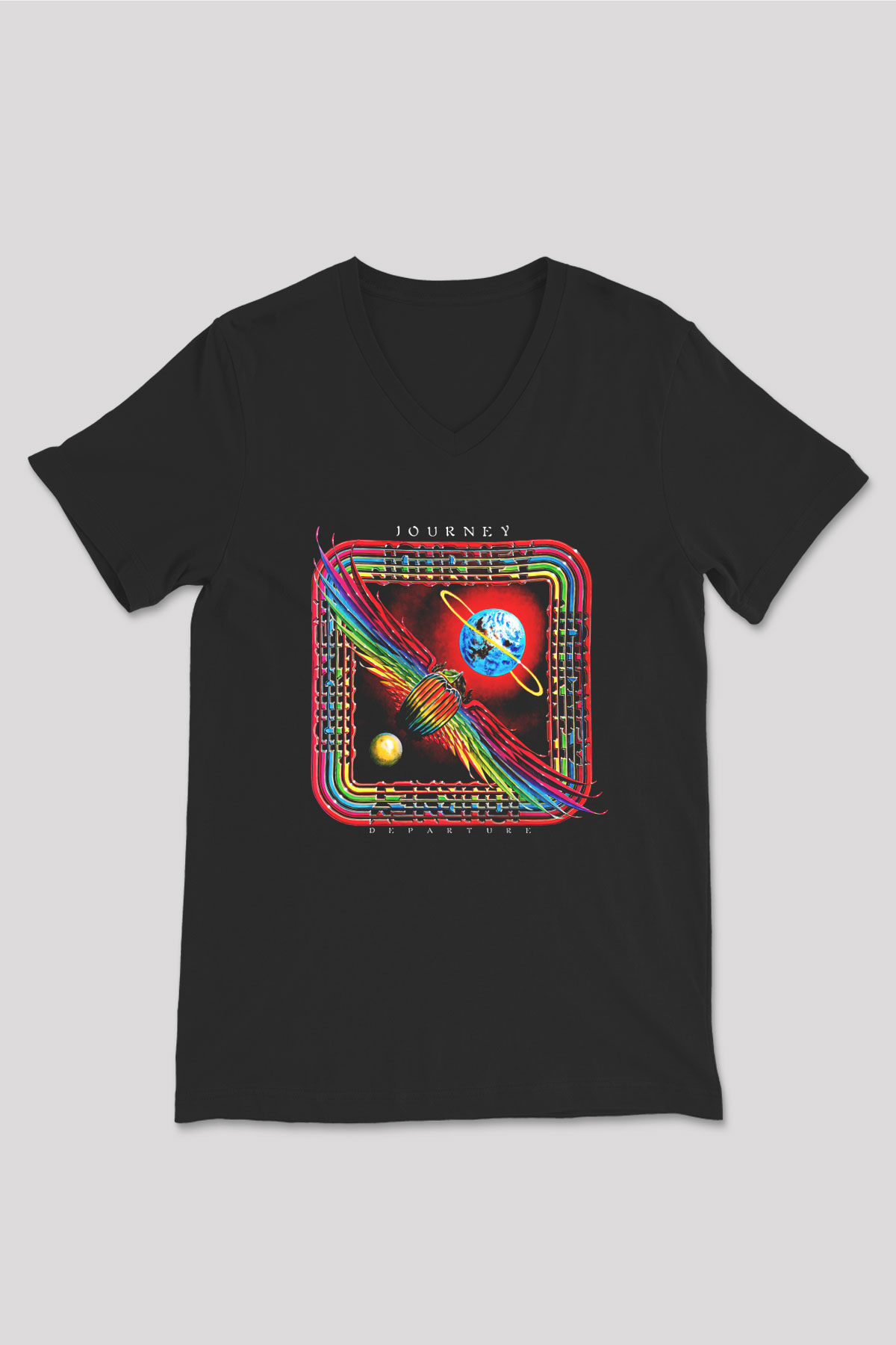Journey Baskılı Unisex Siyah V Yaka Tişört - Tshirt