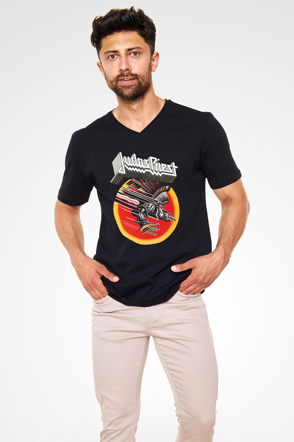 Judas Priest Siyah Unisex V Yaka Tişört T-Shirt
