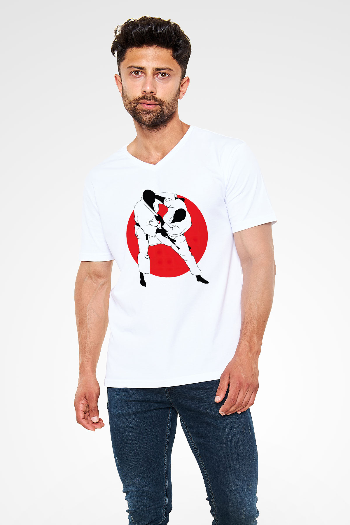 Judo Beyaz Unisex V Yaka Tişört T-Shirt