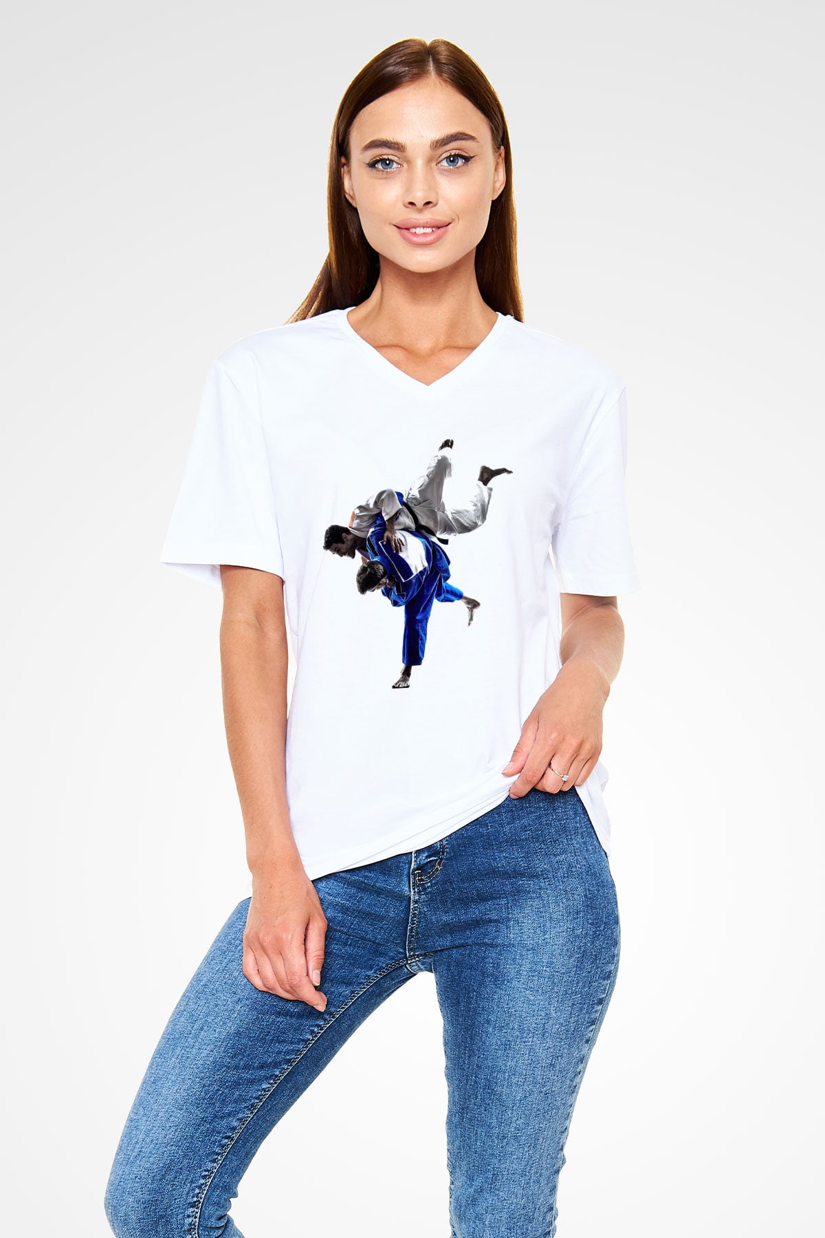 Judo Beyaz Unisex V Yaka Tişört T-Shirt