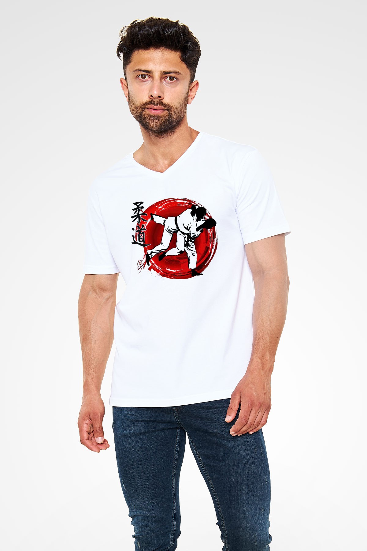 Judo Beyaz Unisex V Yaka Tişört T-Shirt