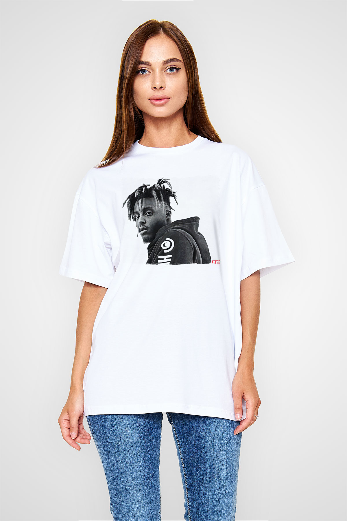 Juice Wrld Baskılı Beyaz Unisex Oversize Tişört - Tshirt