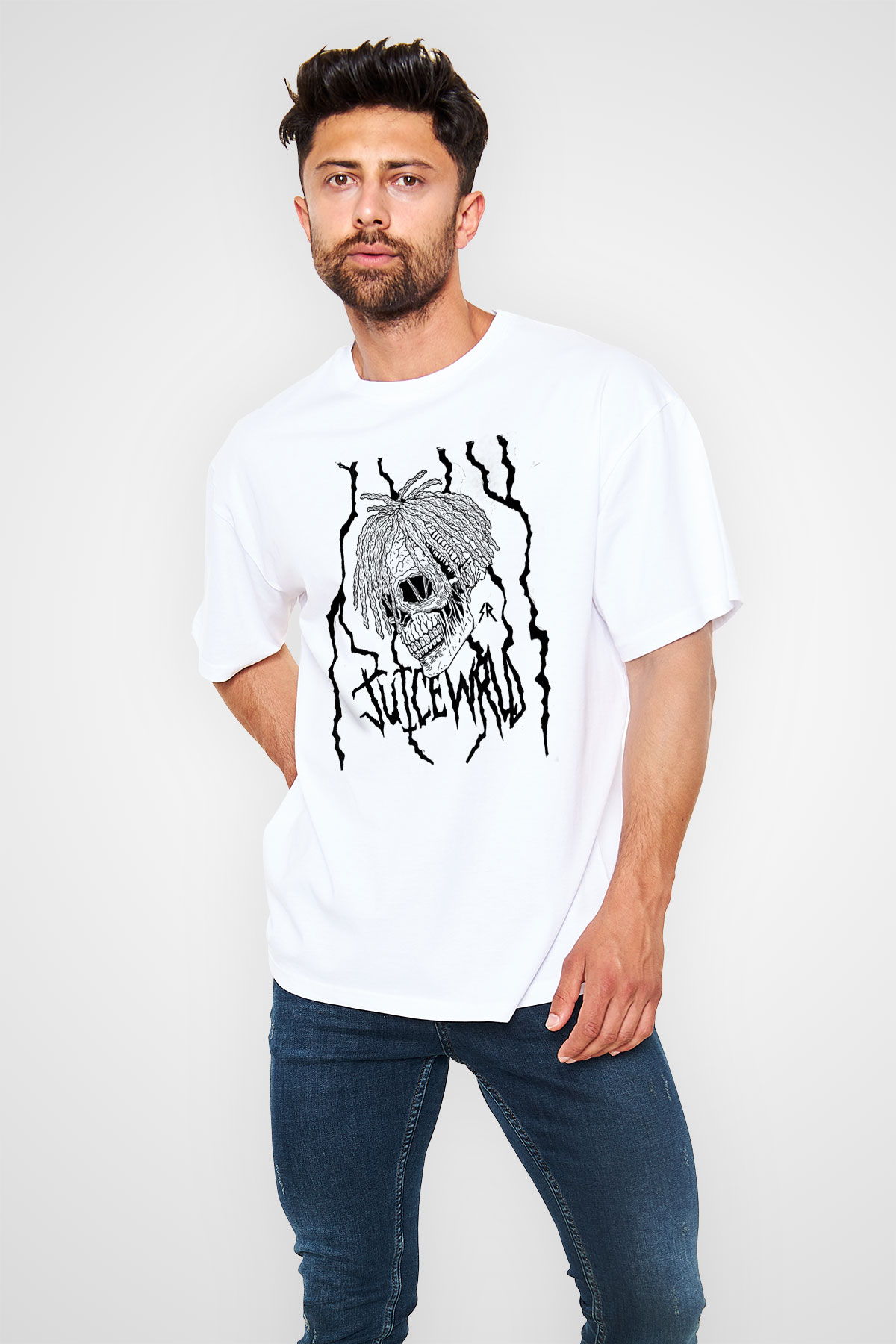 Juice Wrld Baskılı Beyaz Unisex Oversize Tişört - Tshirt