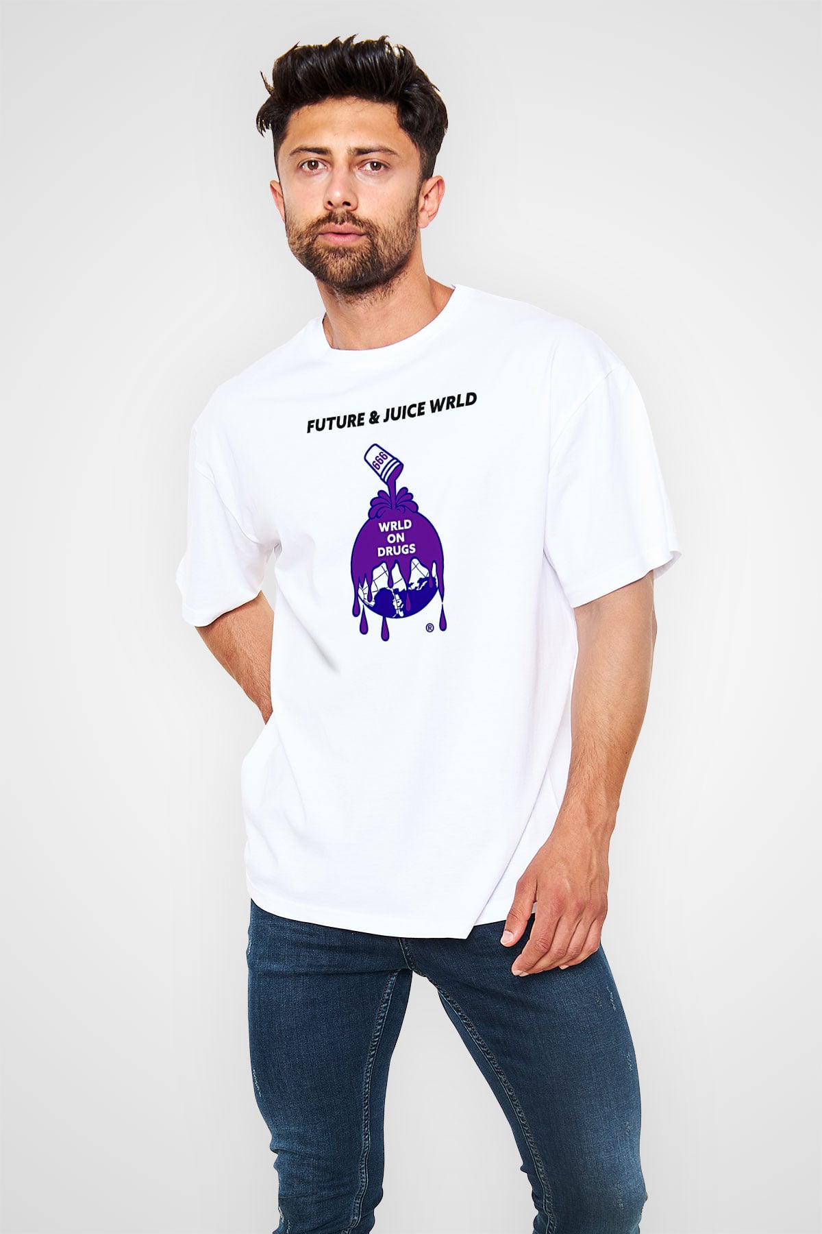 Juice Wrld Baskılı Beyaz Unisex Oversize Tişört - Tshirt