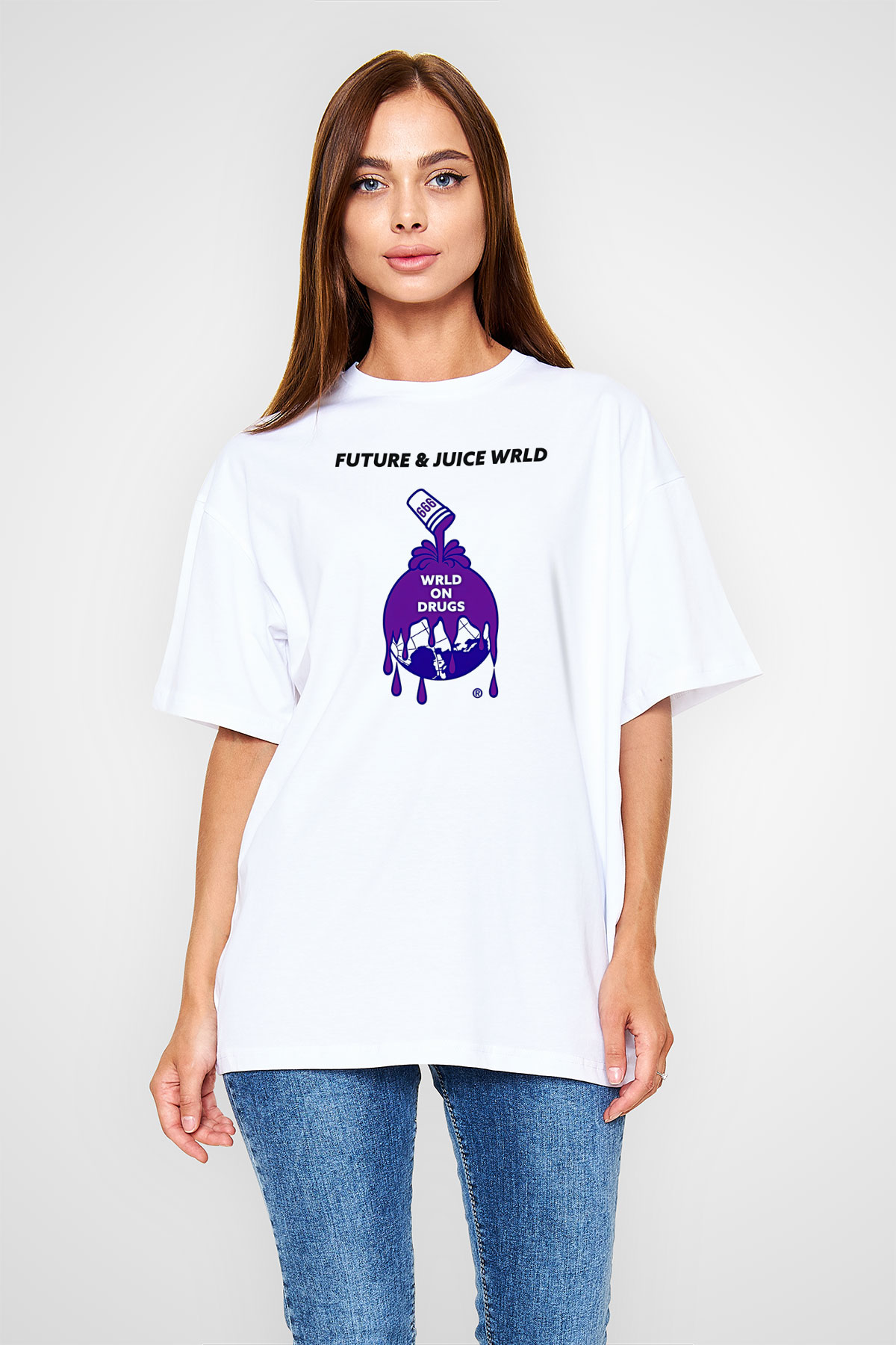 Juice Wrld Baskılı Beyaz Unisex Oversize Tişört - Tshirt