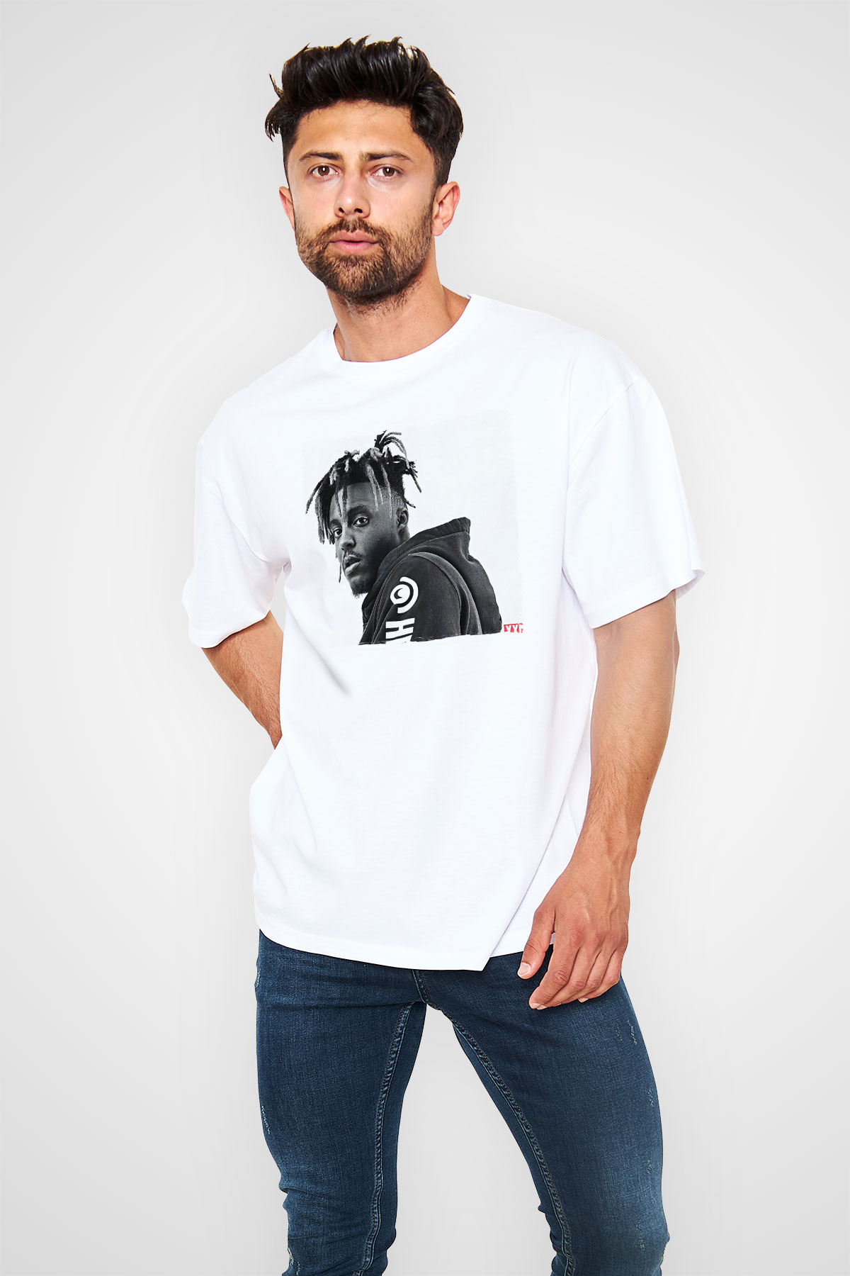 Juice Wrld Baskılı Beyaz Unisex Oversize Tişört - Tshirt