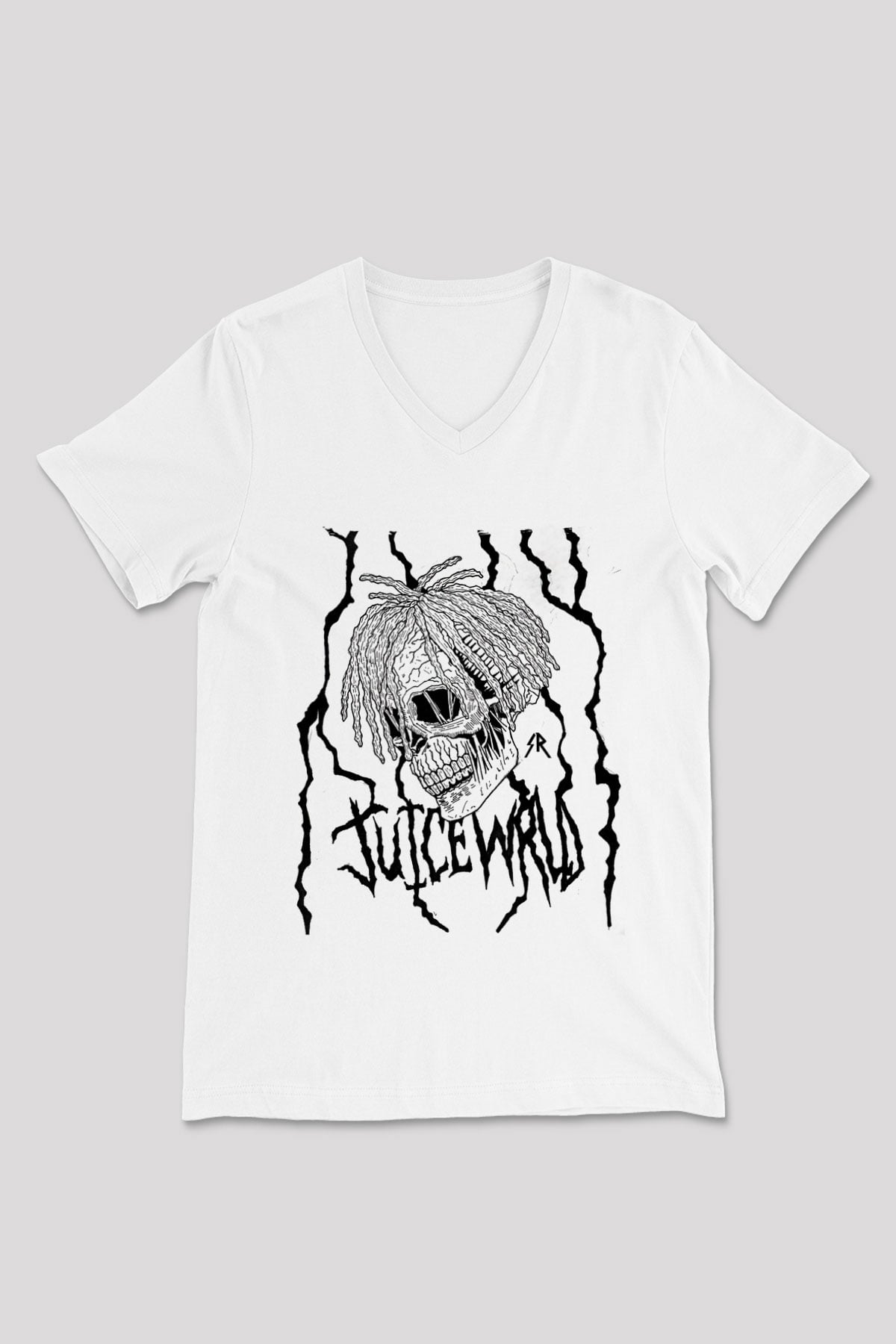 Juice Wrld Baskılı Beyaz Unisex V Yaka Tişört - Tshirt