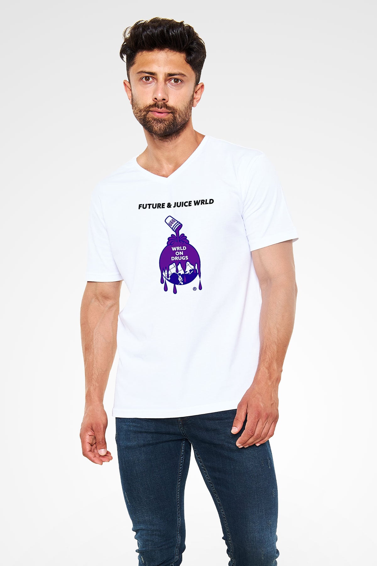 Juice Wrld Baskılı Beyaz Unisex V Yaka Tişört - Tshirt