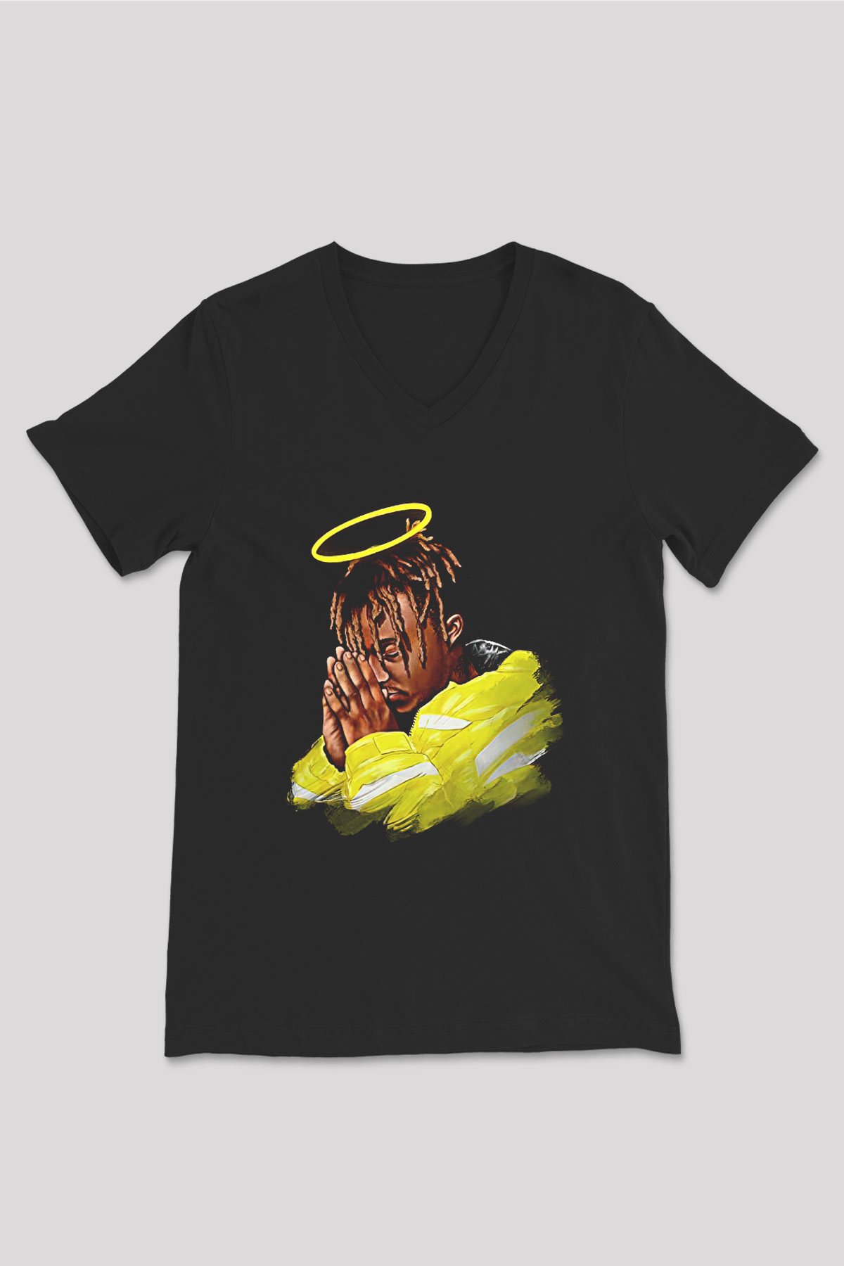 Juice Wrld Baskılı Unisex Siyah V Yaka Tişört - Tshirt