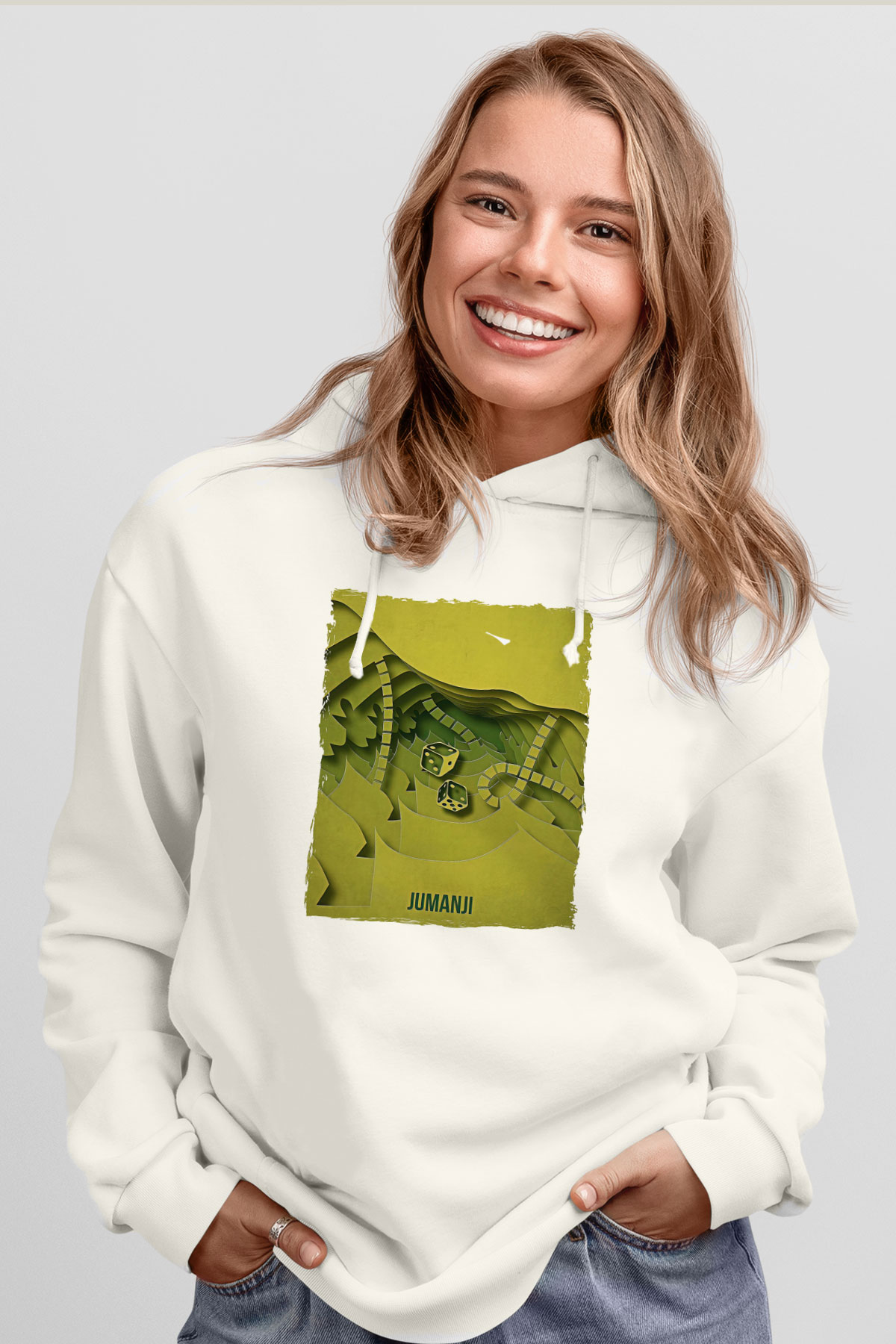 Jumanji Baskılı Beyaz Unisex Hoodie
