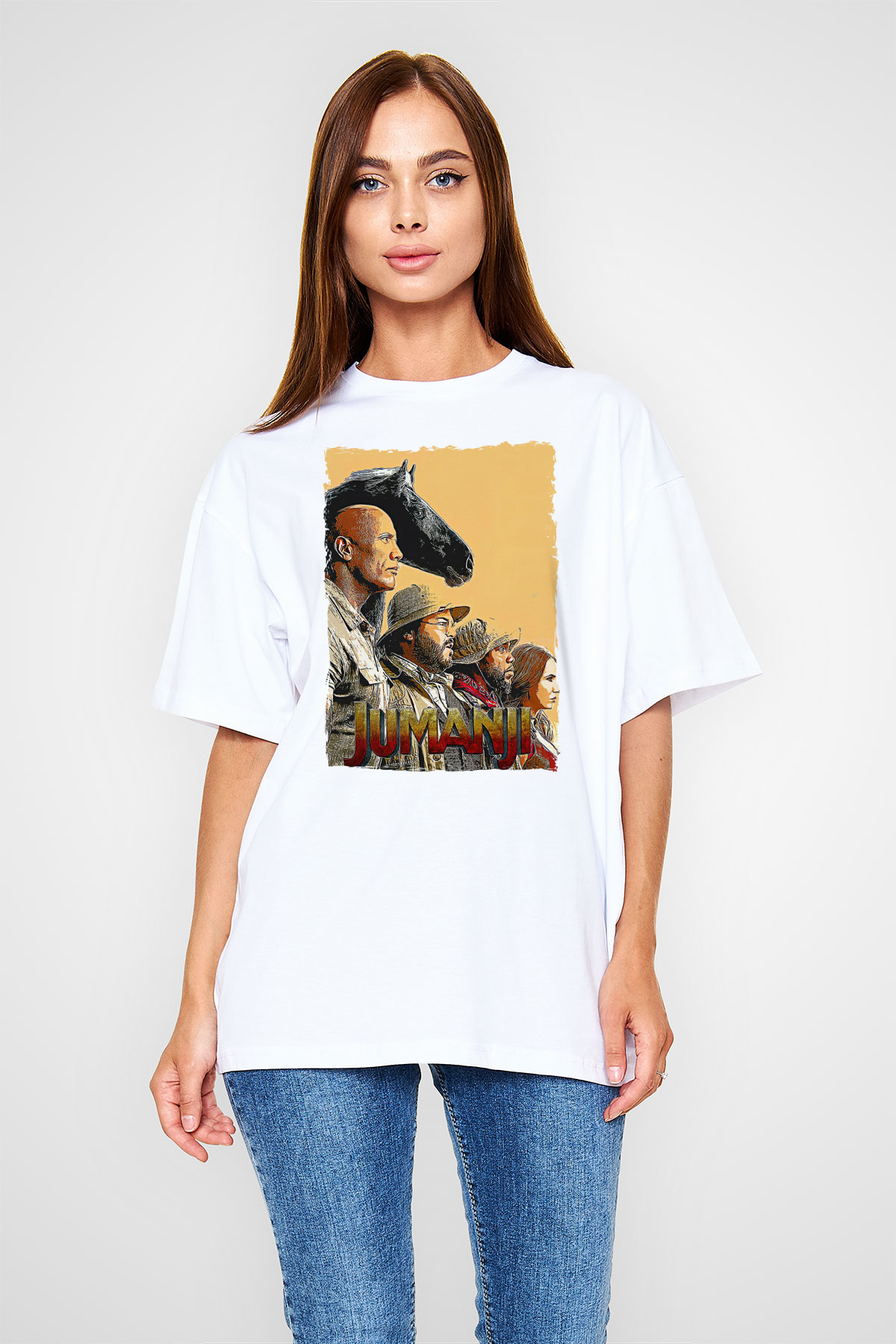 Jumanji Baskılı Beyaz Unisex Oversize Tişört - Tshirt