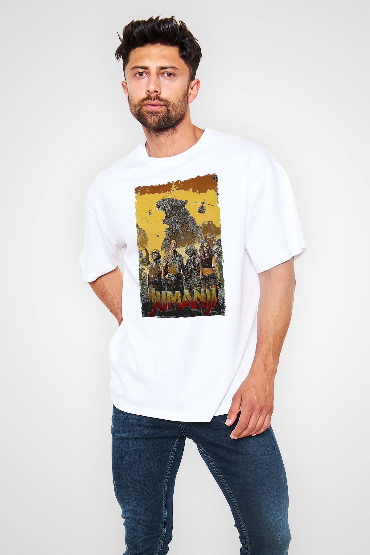 Jumanji Baskılı Beyaz Unisex Oversize Tişört - Tshirt
