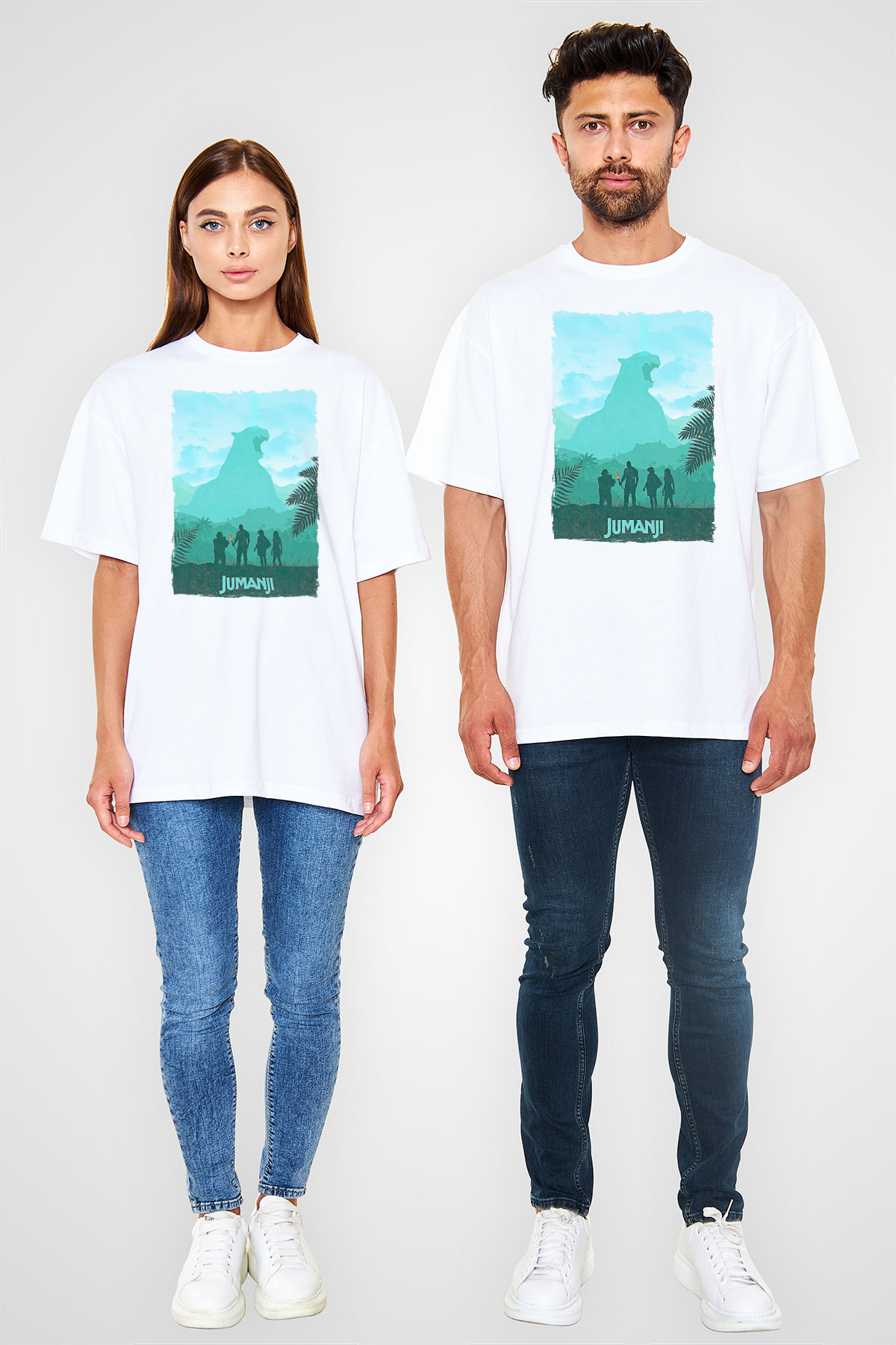 Jumanji Baskılı Beyaz Unisex Oversize Tişört - Tshirt