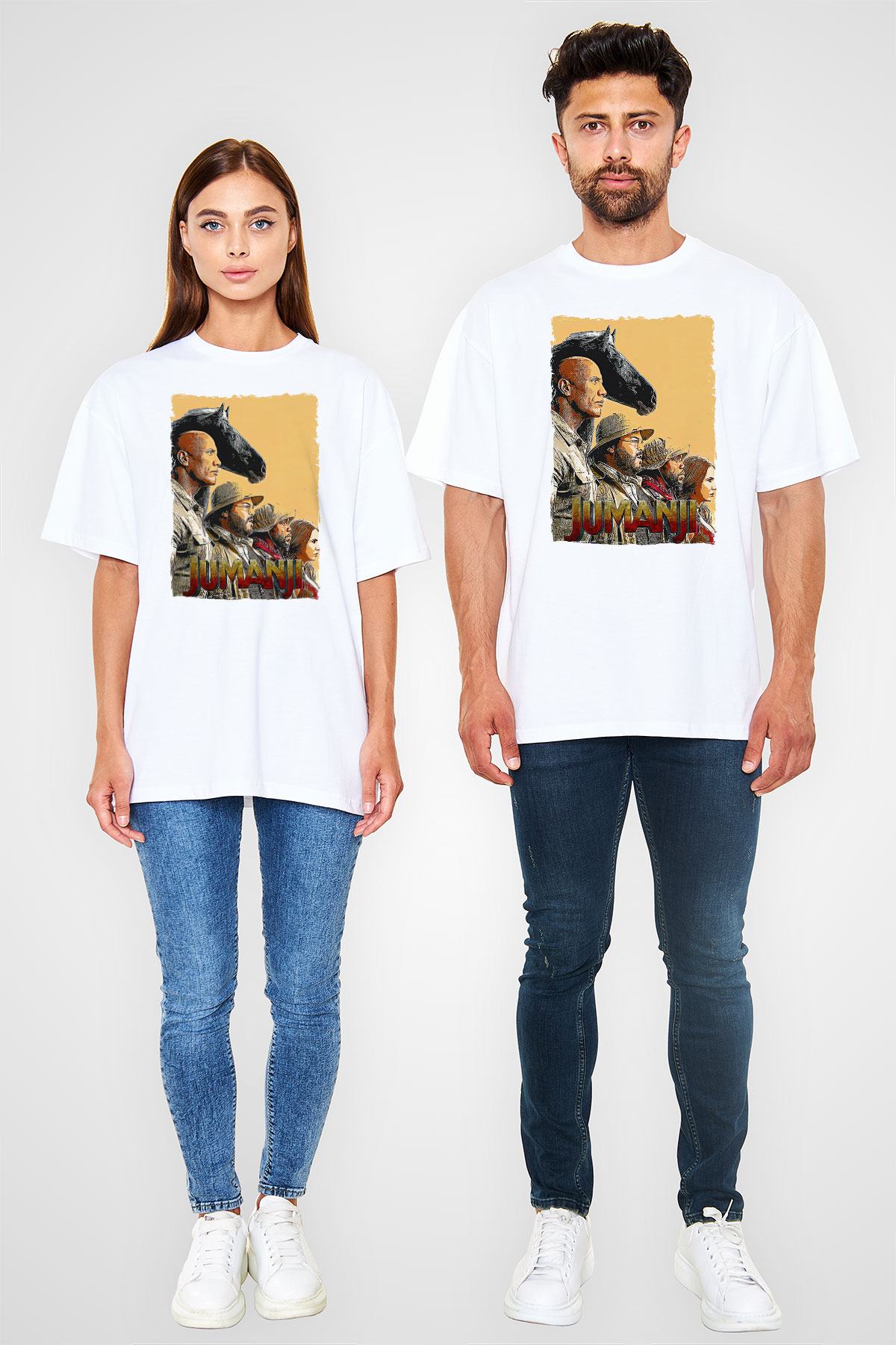 Jumanji Baskılı Beyaz Unisex Oversize Tişört - Tshirt