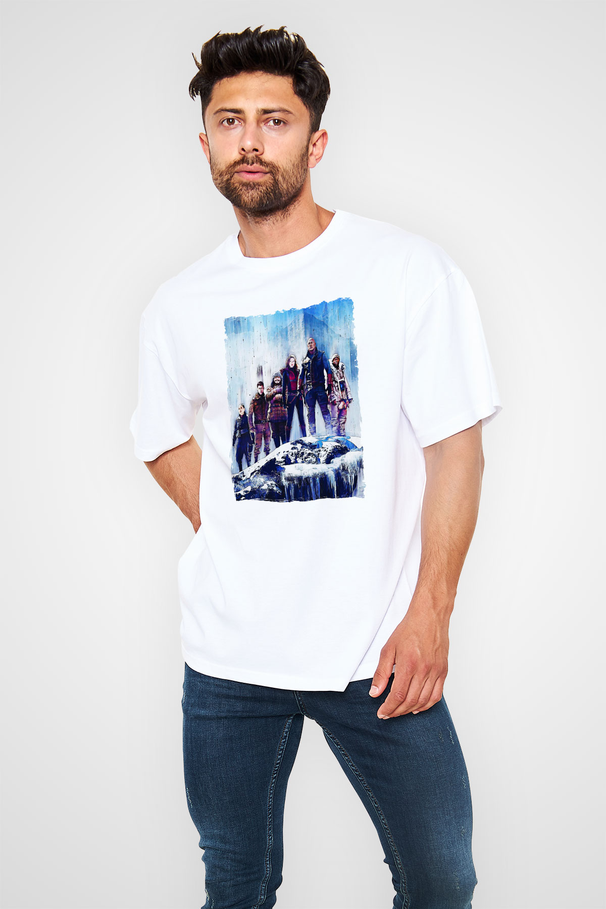 Jumanji Baskılı Beyaz Unisex Oversize Tişört - Tshirt