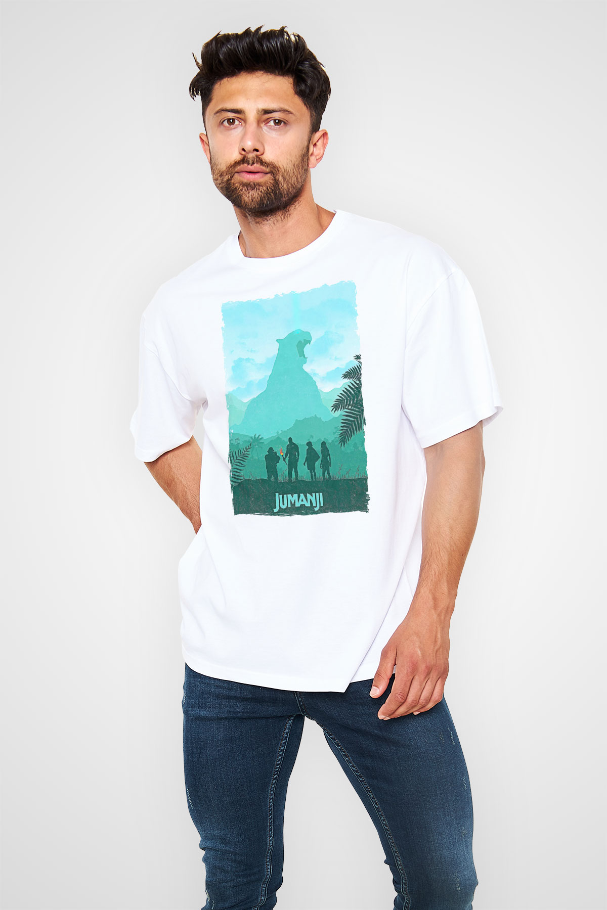 Jumanji Baskılı Beyaz Unisex Oversize Tişört - Tshirt