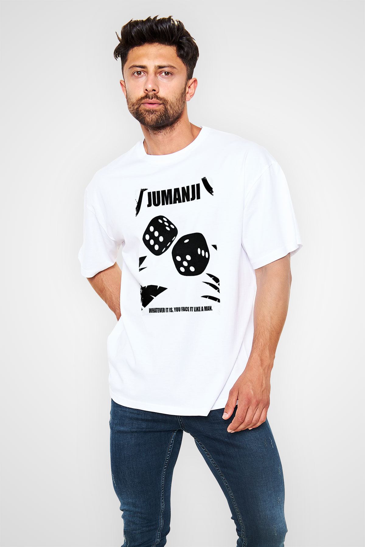 Jumanji Baskılı Beyaz Unisex Oversize Tişört - Tshirt