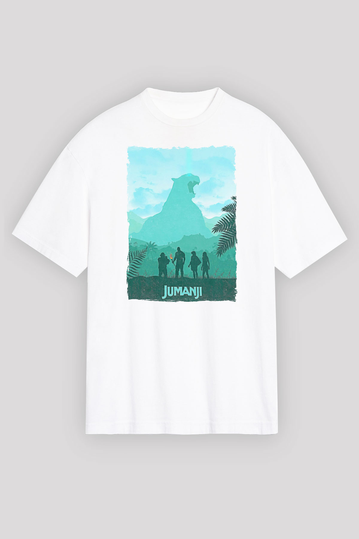 Jumanji Baskılı Beyaz Unisex Oversize Tişört - Tshirt