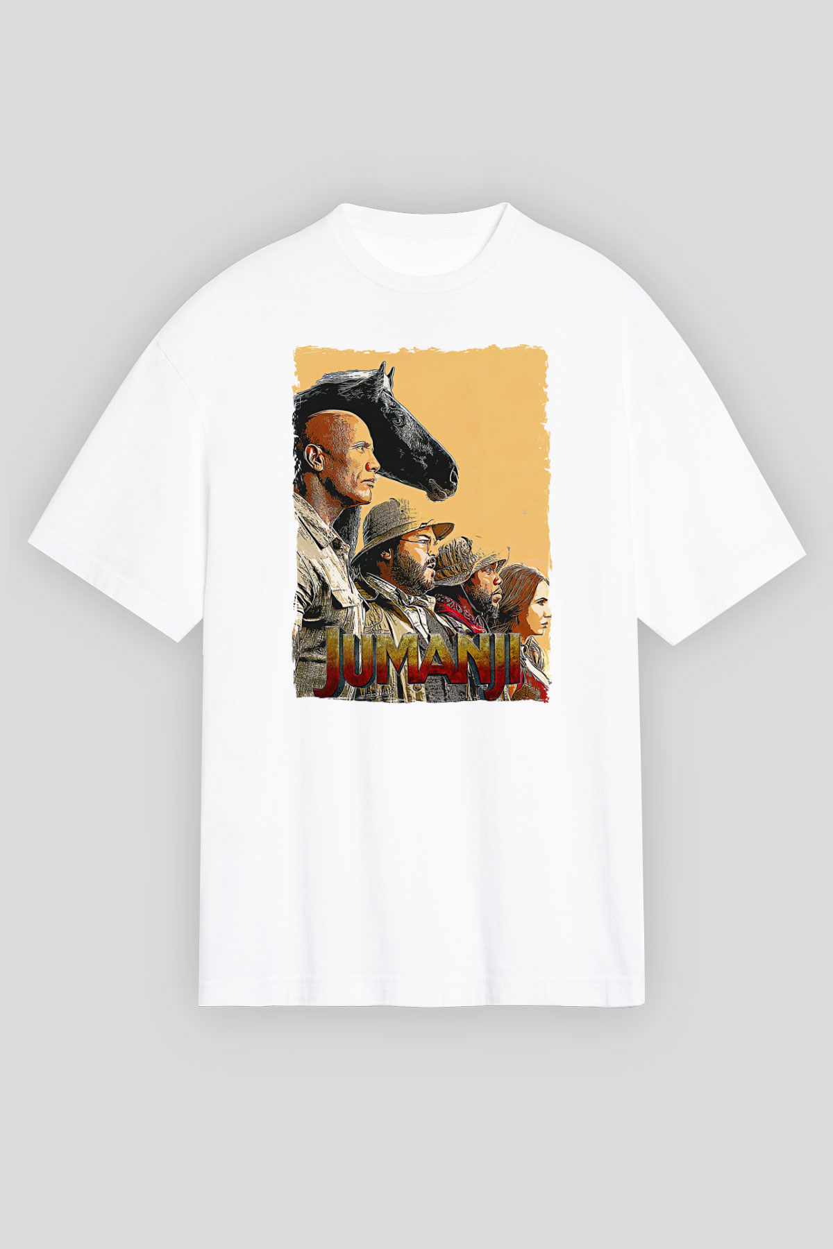 Jumanji Baskılı Beyaz Unisex Oversize Tişört - Tshirt