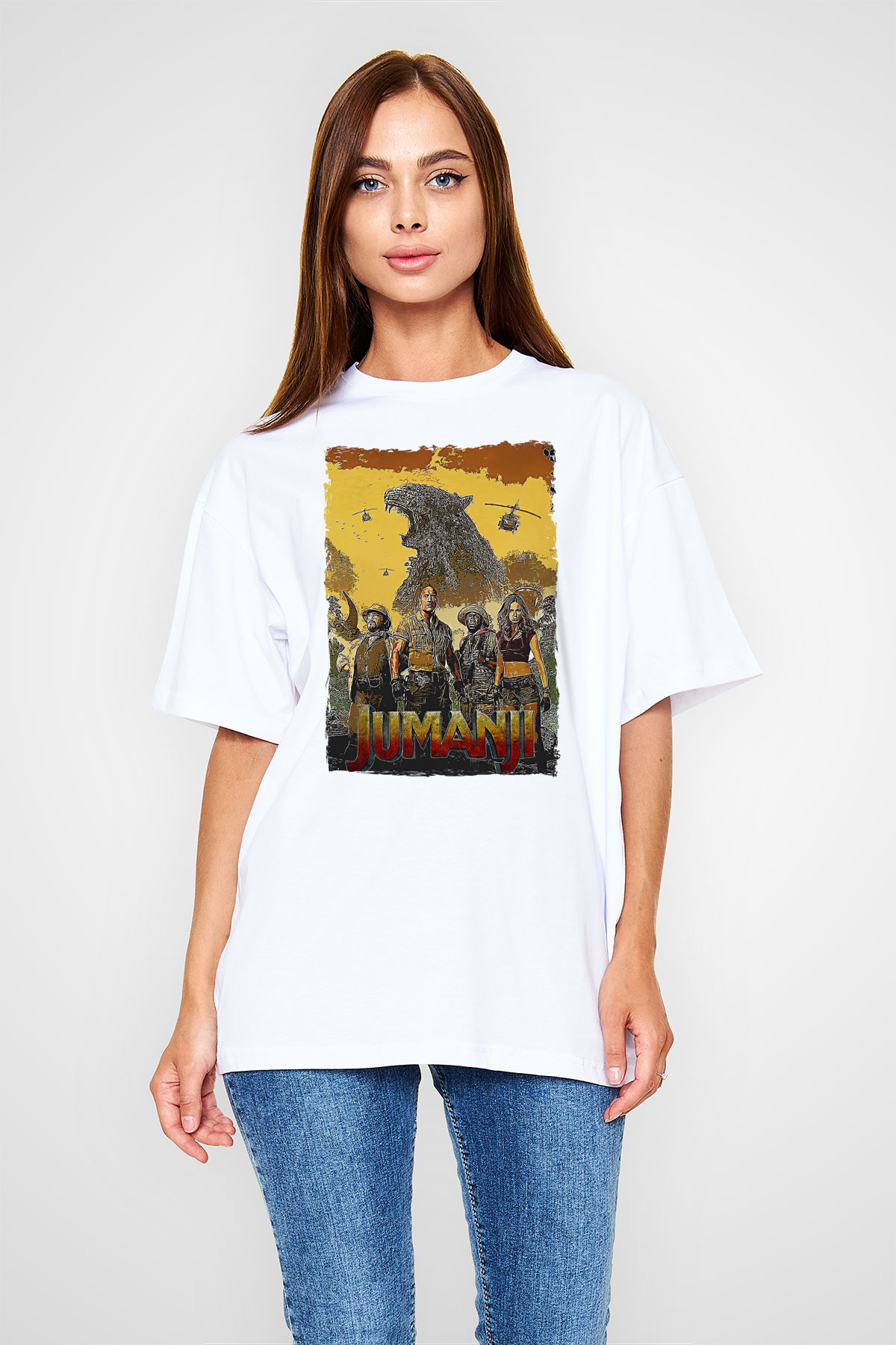 Jumanji Baskılı Beyaz Unisex Oversize Tişört - Tshirt