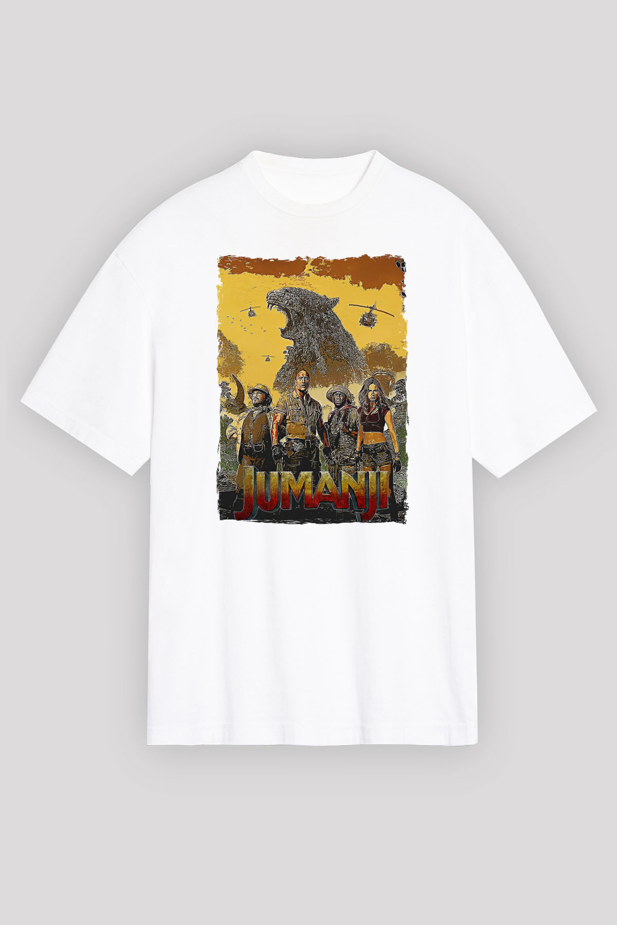 Jumanji Baskılı Beyaz Unisex Oversize Tişört - Tshirt