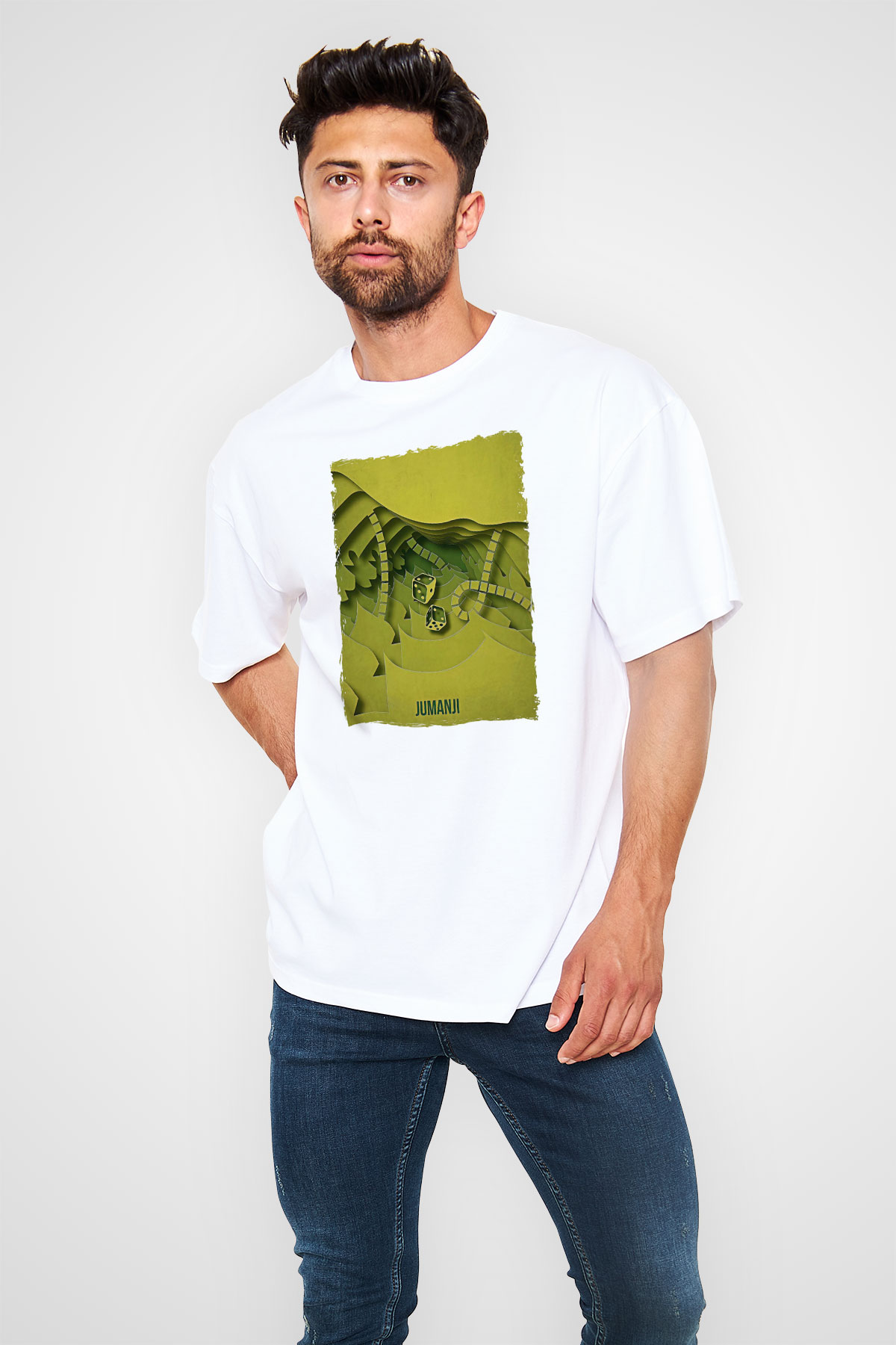 Jumanji Baskılı Beyaz Unisex Oversize Tişört - Tshirt