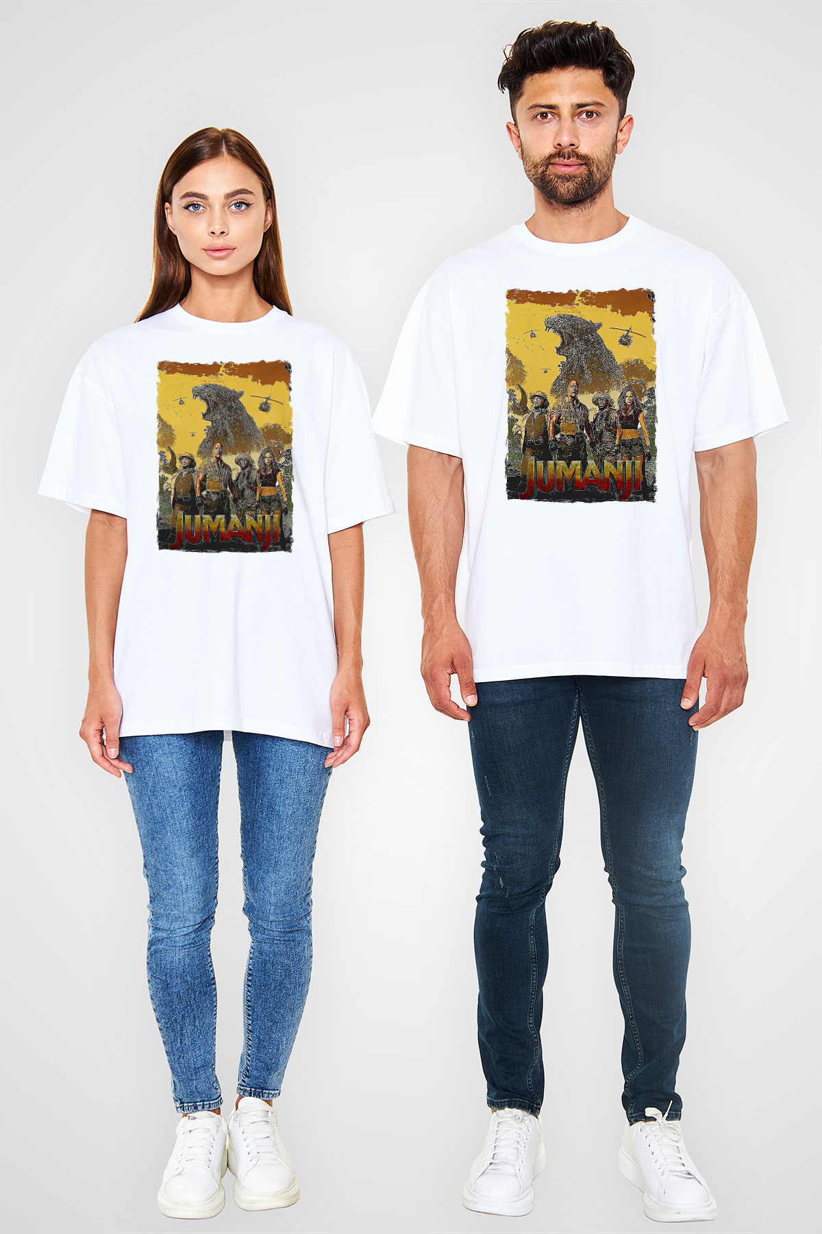Jumanji Baskılı Beyaz Unisex Oversize Tişört - Tshirt