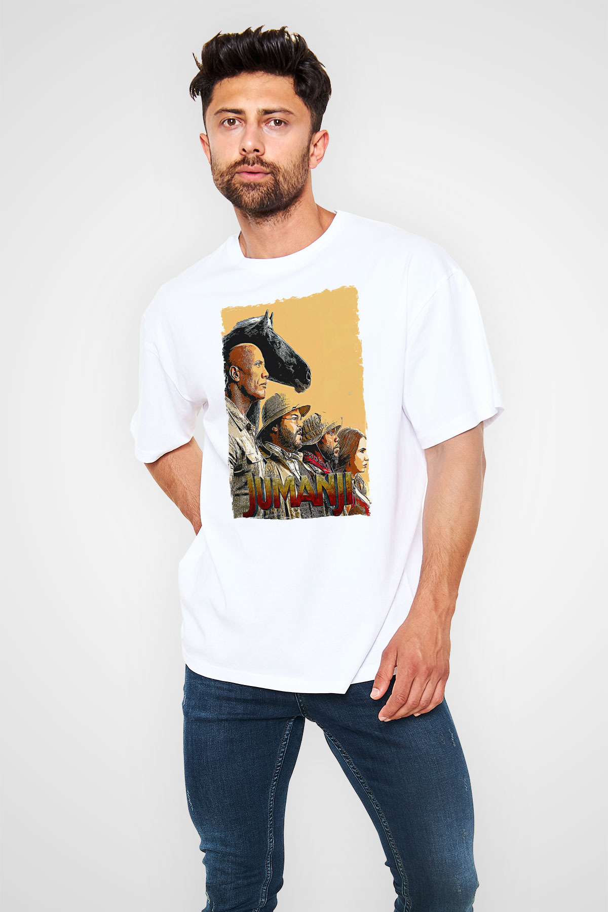 Jumanji Baskılı Beyaz Unisex Oversize Tişört - Tshirt