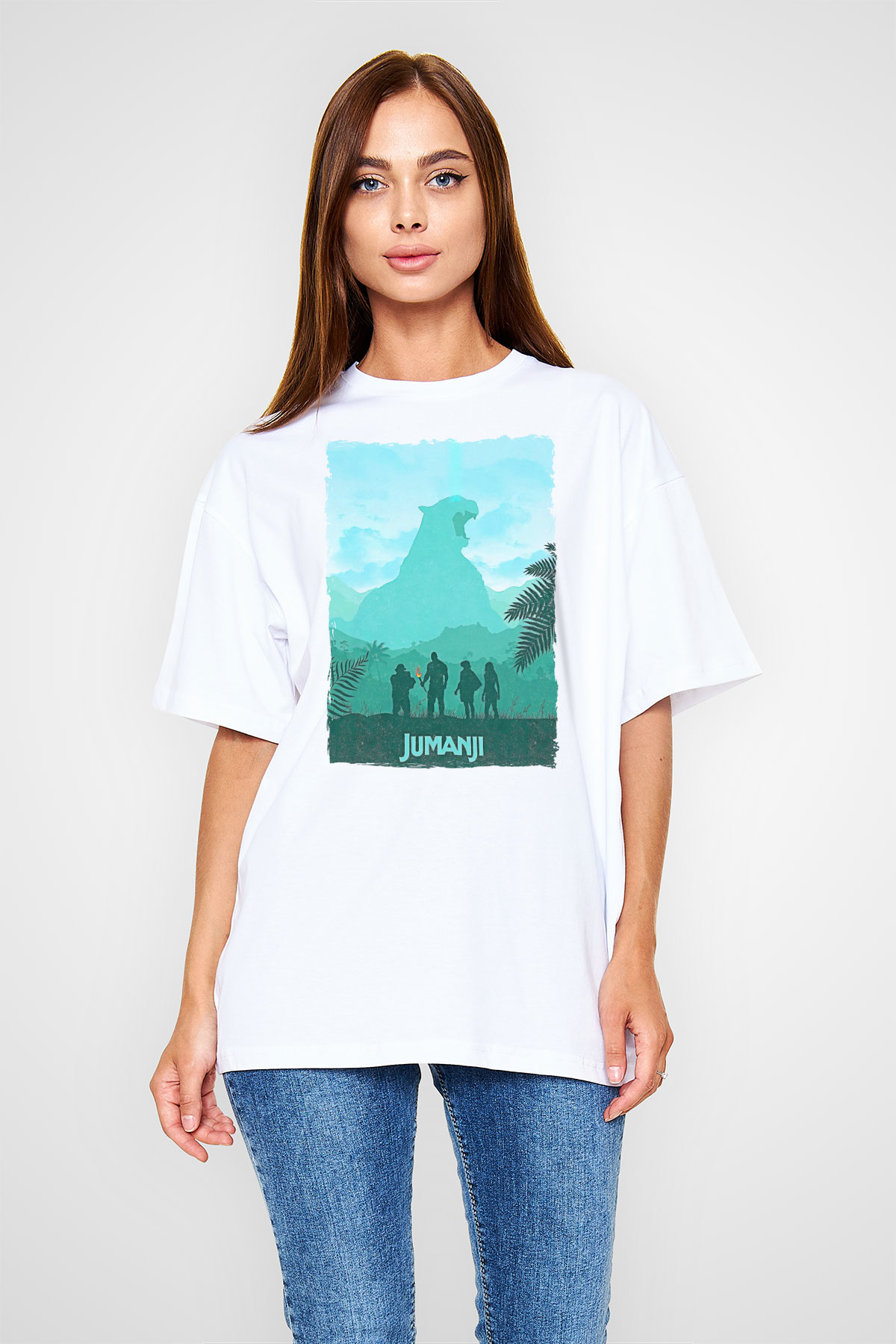 Jumanji Baskılı Beyaz Unisex Oversize Tişört - Tshirt