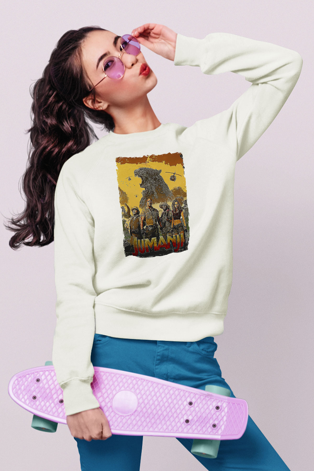 Jumanji Baskılı Beyaz Unisex Sweatshirt