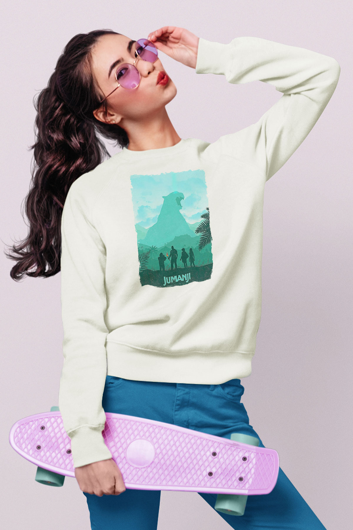 Jumanji Baskılı Beyaz Unisex Sweatshirt