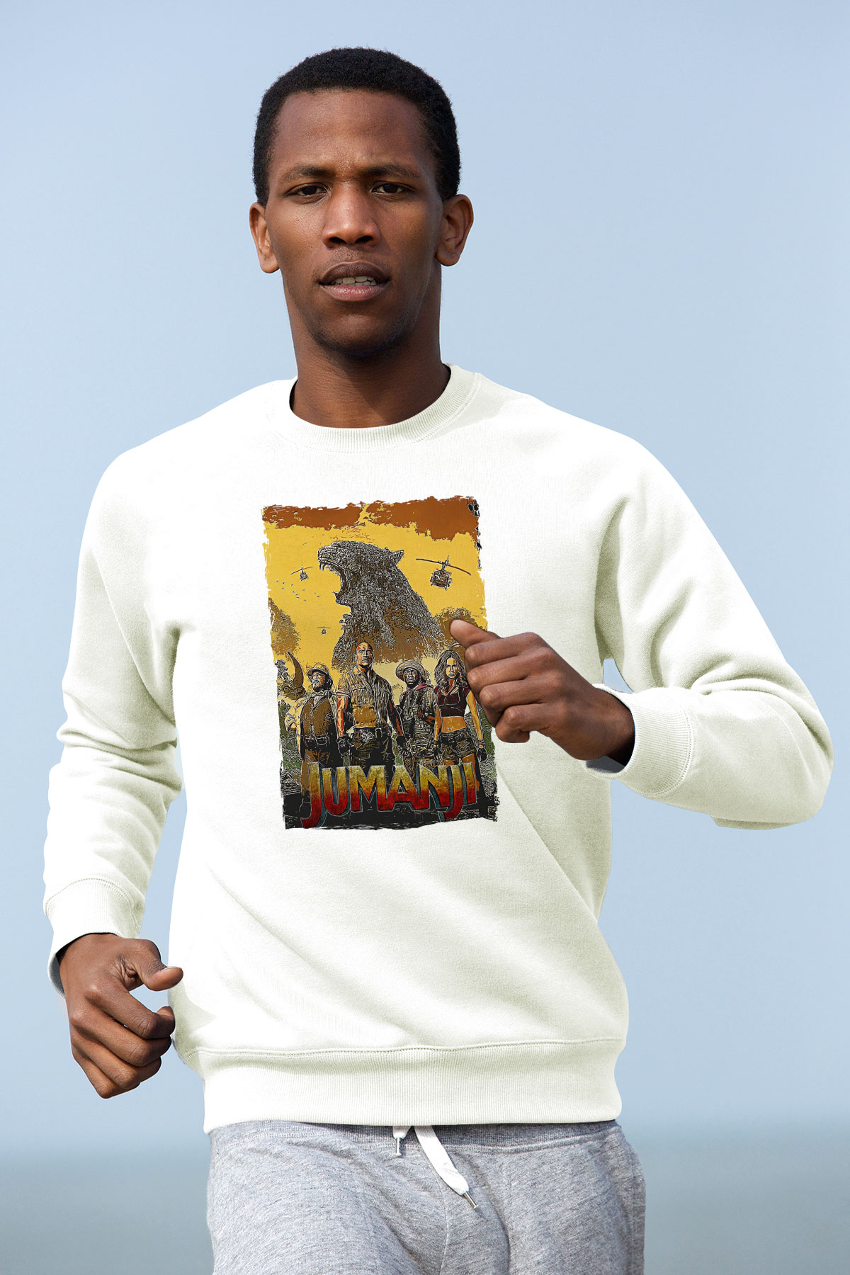 Jumanji Baskılı Beyaz Unisex Sweatshirt