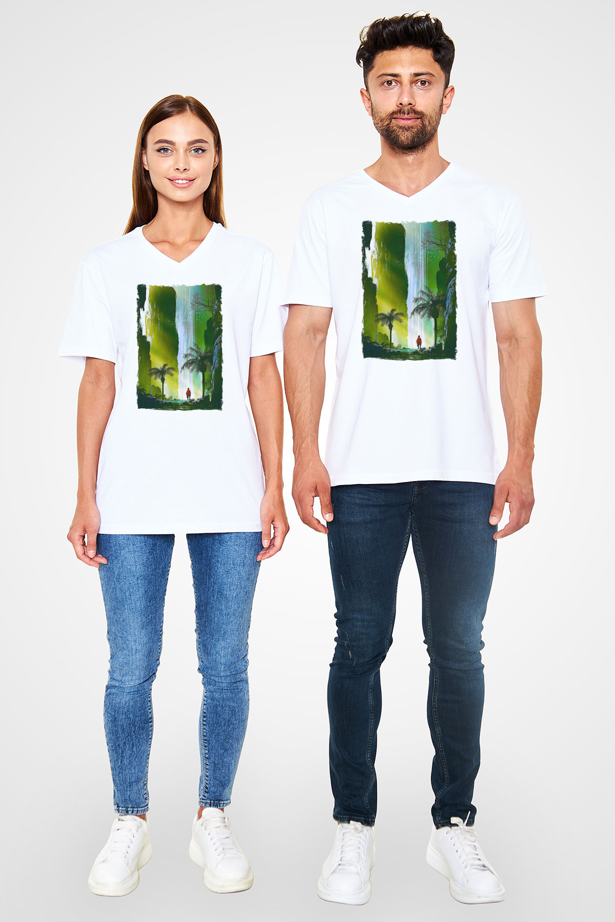Jumanji Baskılı Beyaz Unisex V Yaka Tişört - Tshirt