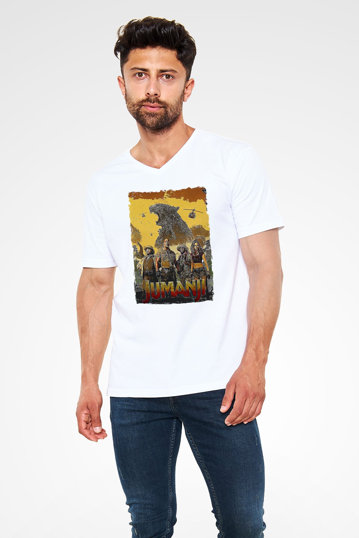 Jumanji Baskılı Beyaz Unisex V Yaka Tişört - Tshirt